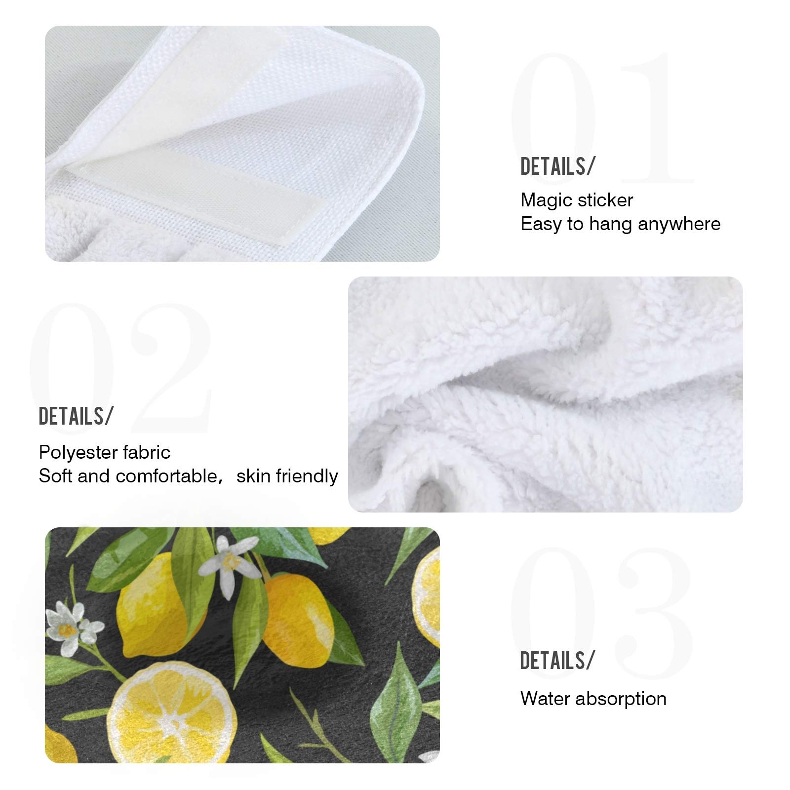 Lemon Flower Print Kitchen Hand Towels - 2 Pack Absorbent Cotton Hanging Towels with Loops for Bathroom, Kitchen & Home Decor | Fruit & Floral Leaves Design
