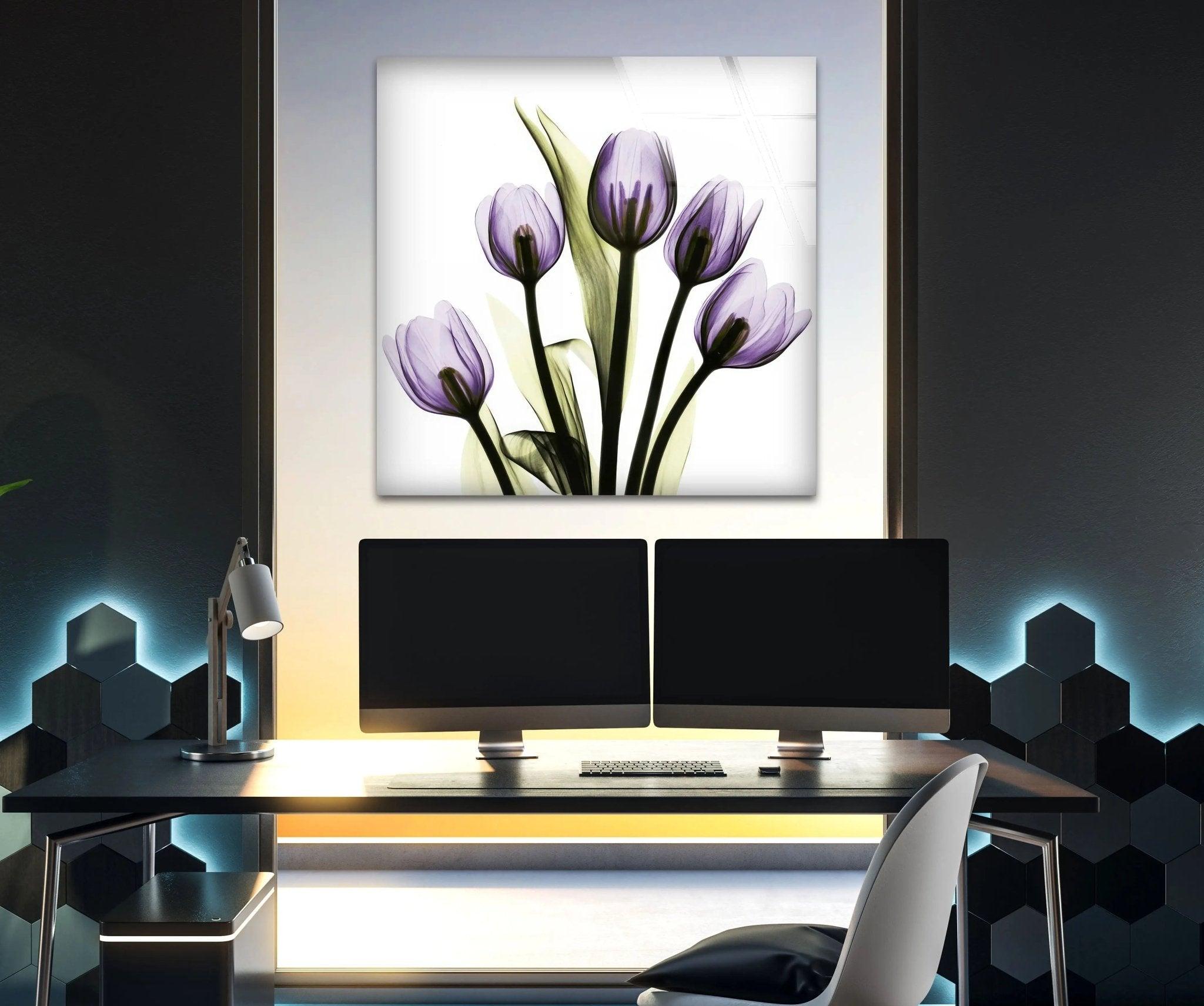 Albert Koetsier Xray Five Tulips In Purple Glass Wall Art - Modern Floral Canvas Print for Living Room, Bedroom & Office Decor