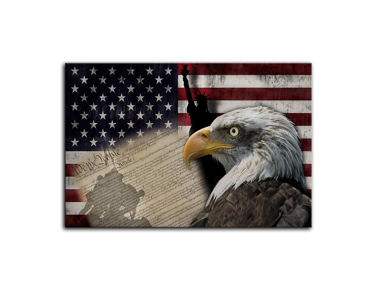 Patriotic American Flag & Bald Eagle Canvas Wall Art - Statue of Liberty & US Declaration of Independence Painting - Framed Ready to Hang Home Decor for Living Room, Office & Man Cave - Perfect for Fourth of July & Veterans Day Decorations