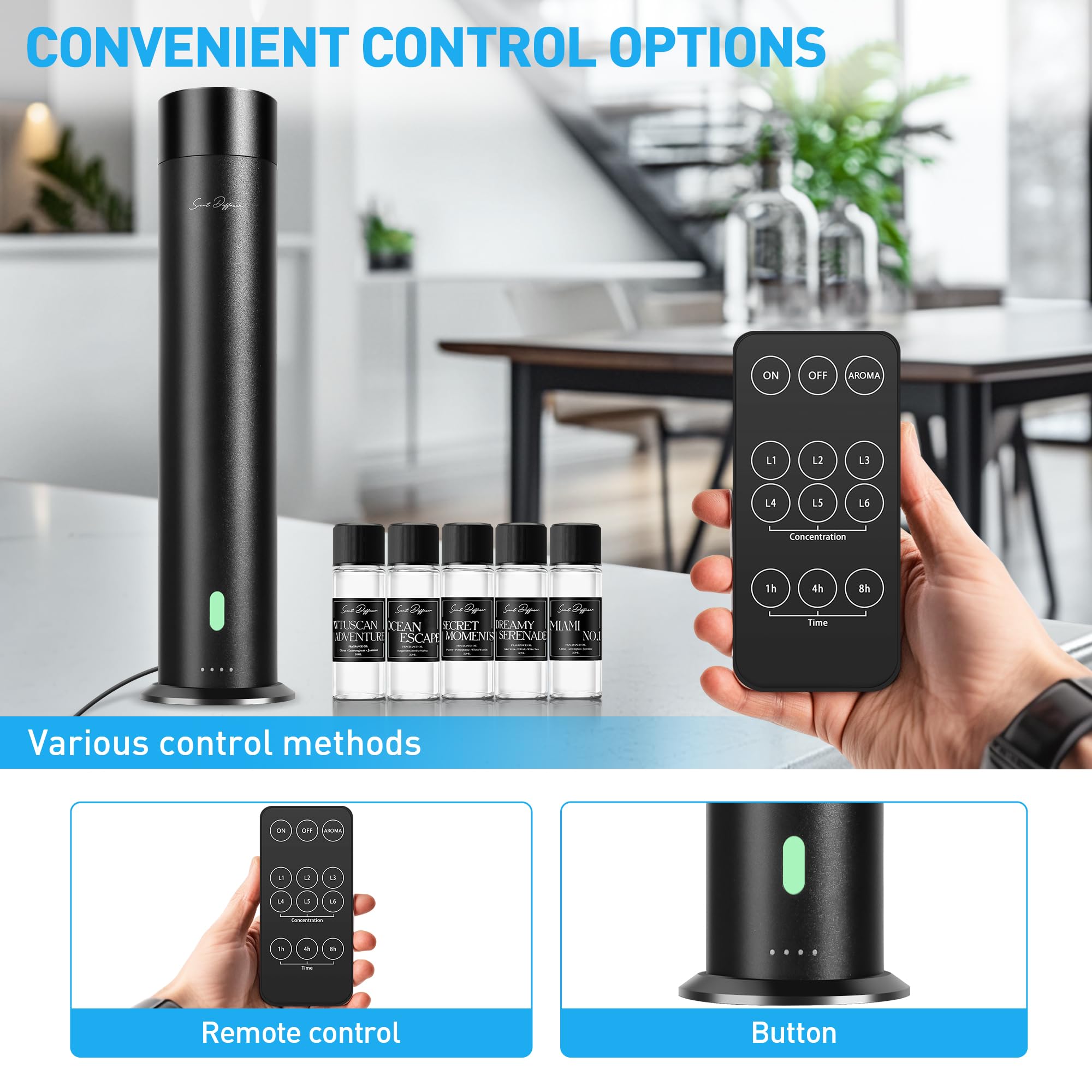 Waterless Scent Diffuser Starter Kit - 1000 Sq Ft Coverage, Hotel & Home Aroma Diffuser with Remote Control, Black (11 Inch) - Perfect for Living Rooms, Bedrooms, Offices, and Spas