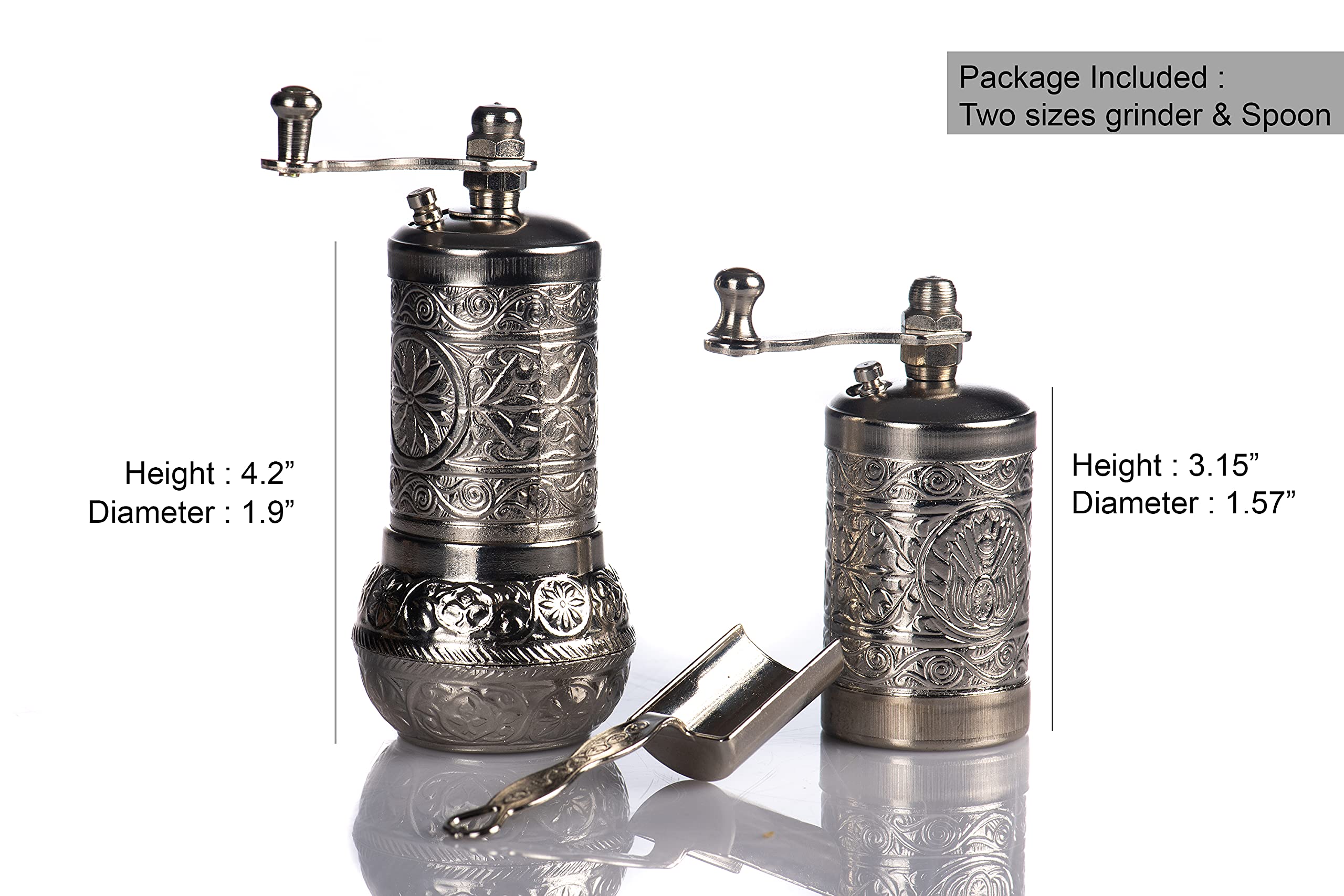 Premium 4-Piece Herb & Spice Grinder Set - Manual Crank Handle Mill for Pepper, Salt & Seasonings - Durable Stainless Steel (Bright Silver) - Perfect for Kitchen, Camping & Travel
