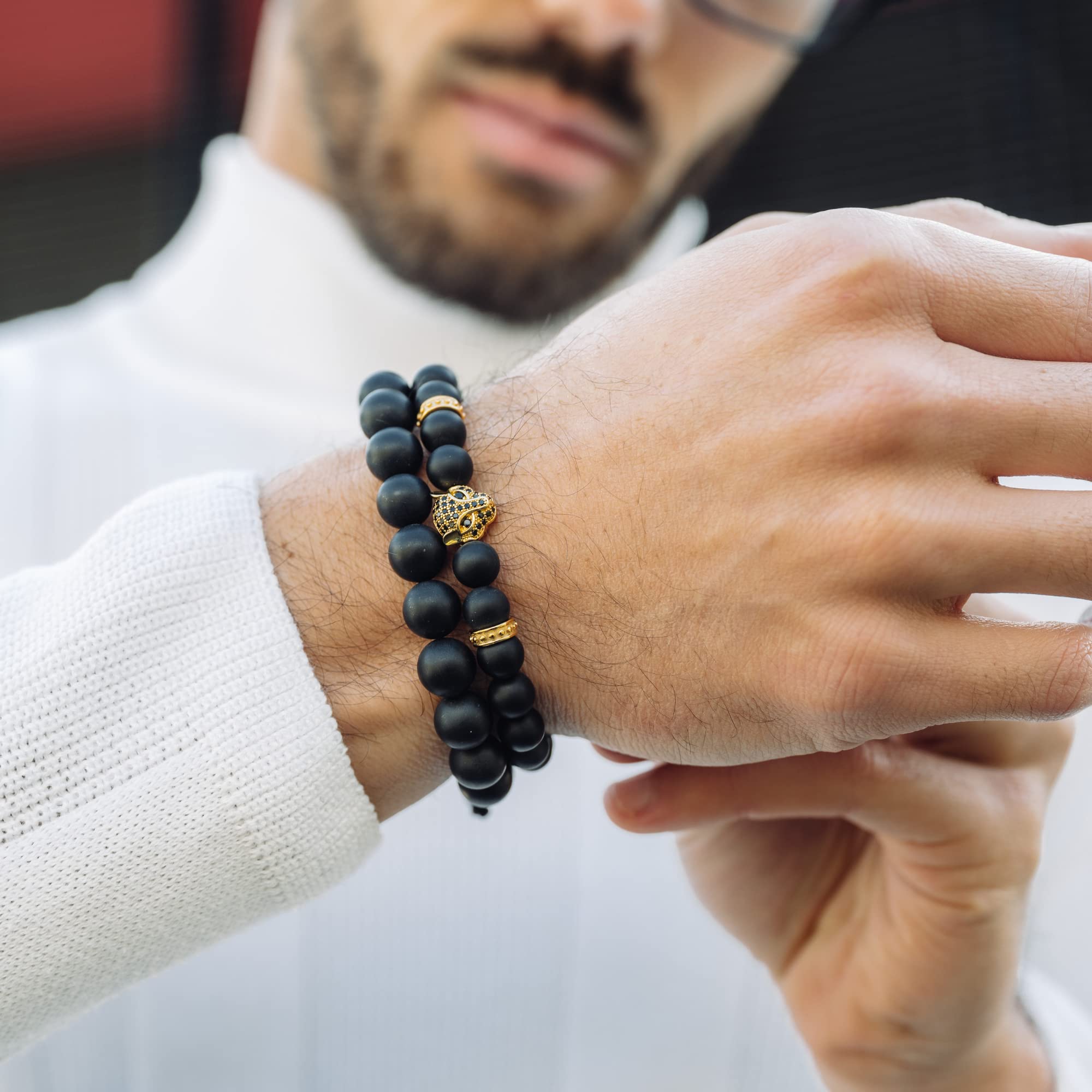 Handmade Leopard Beaded Bracelet for Men - Adjustable Natural Stone Bracelet with Stainless Steel Leopard Charm | Valentine's Day Gift for Him | Perfect for Casual Wear, Date Night & Outdoor Adventures