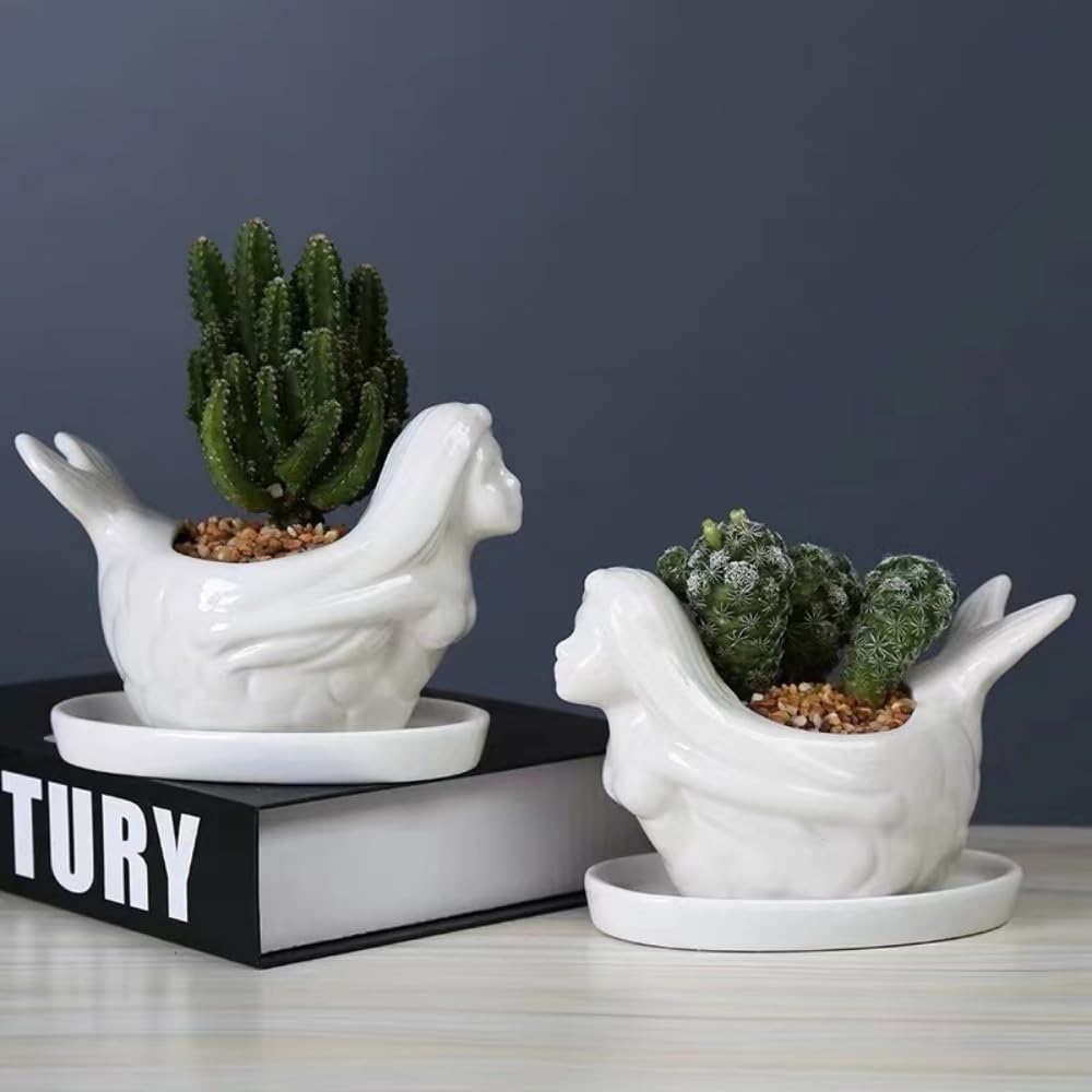 2-Pack White Ceramic Modern Flower & Succulent Planter Pots with Mermaid Figurine - Elegant Home & Garden Decor for Cactus, Plants, and Indoor/Outdoor Display