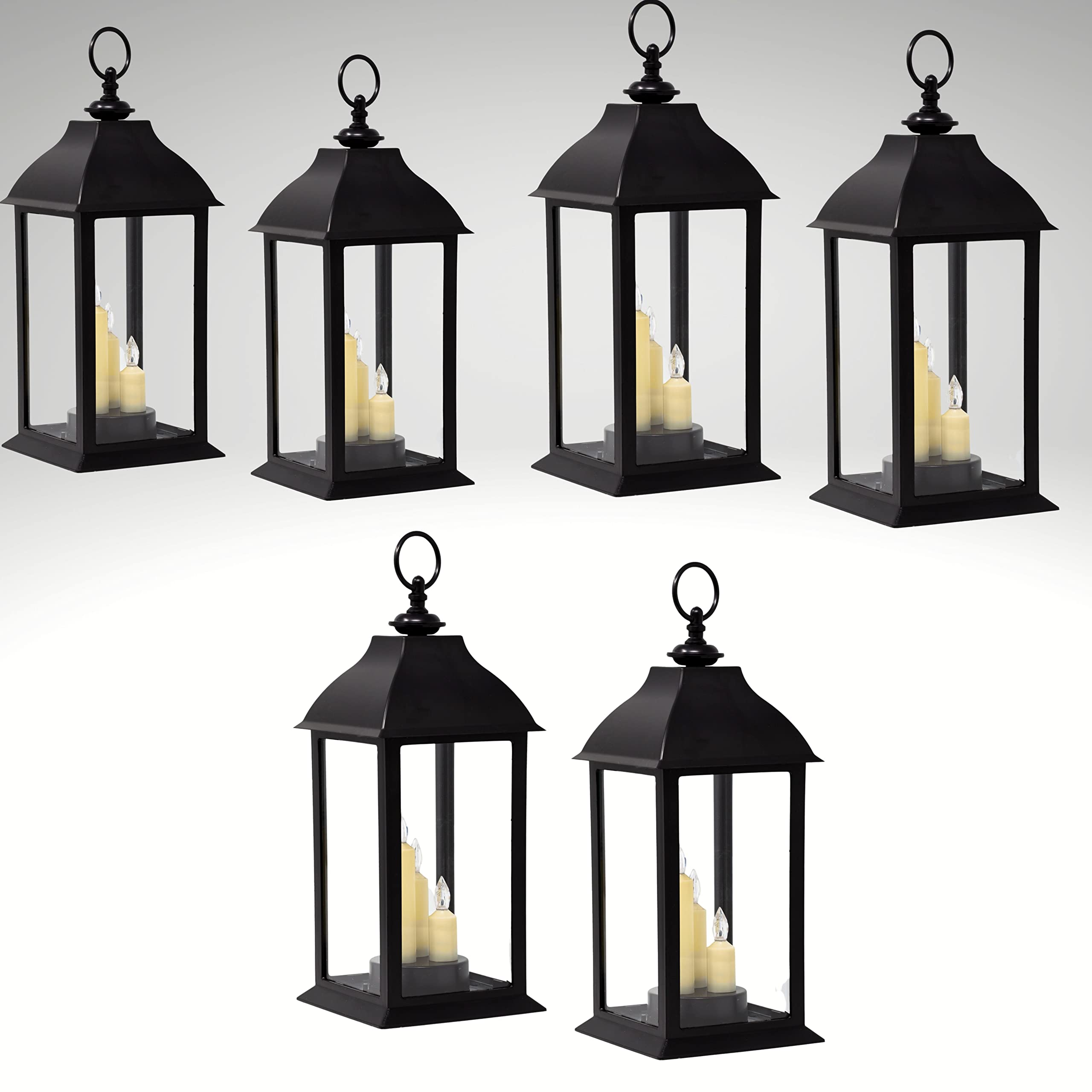 Decorative LED Black Lanterns with Flameless Candles - Set of 6 Battery Operated Lanterns with 5-Hour Timer - 13 Inch Height - Perfect for Halloween, Christmas, Wedding & Outdoor Patio Decor