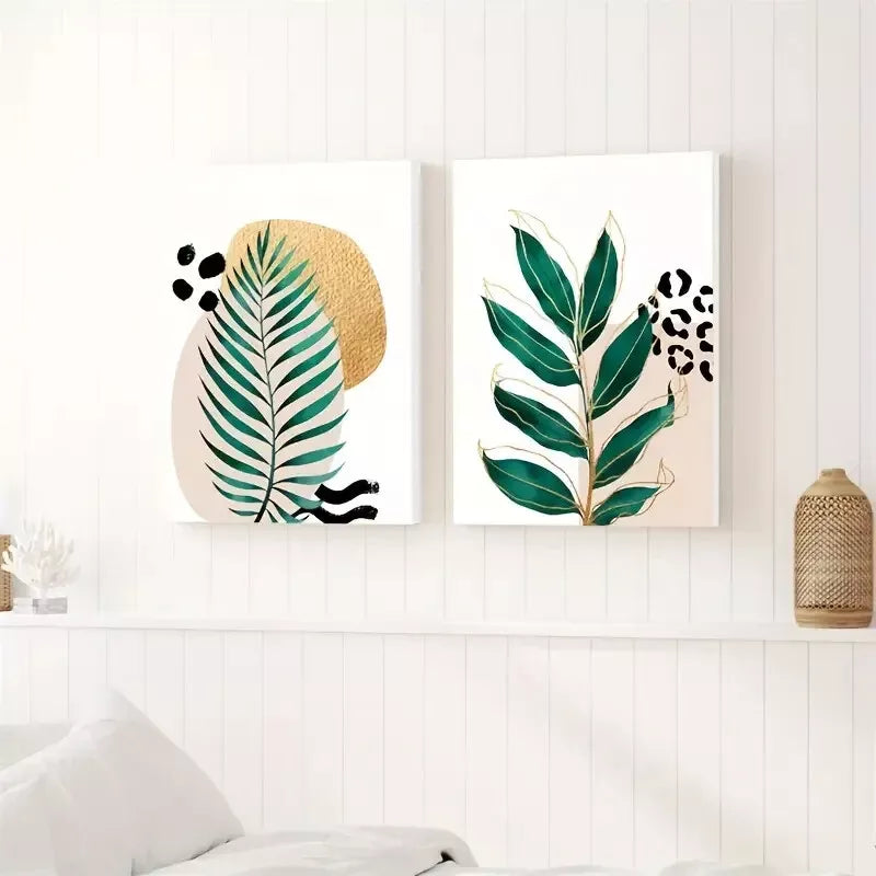 2-Piece Tropical Green Pink & Gold Leaves Framed Canvas Wall Art 50x75cm - High Quality Print, 100% Australian Made, Ready to Hang - Perfect for Living Room, Bedroom & Office Decor