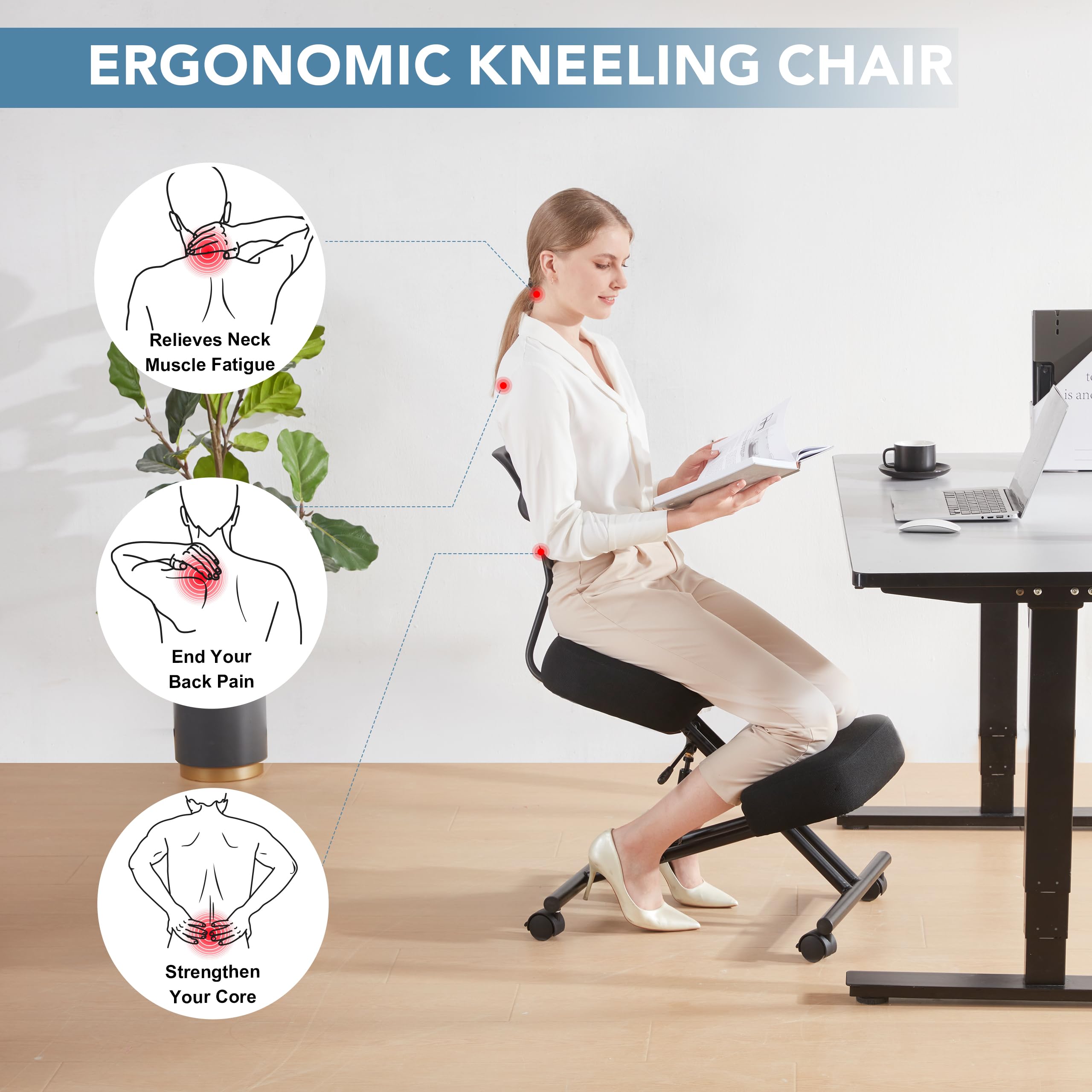 Ergonomic Kneeling Chair with Back Support - Adjustable Posture Stool for Office & Home Use, Black Linen Fabric with Brake & Gliding Casters - Relieves Back Pain, Improves Posture | Perfect for Home Office, Meditation & Reading Nook