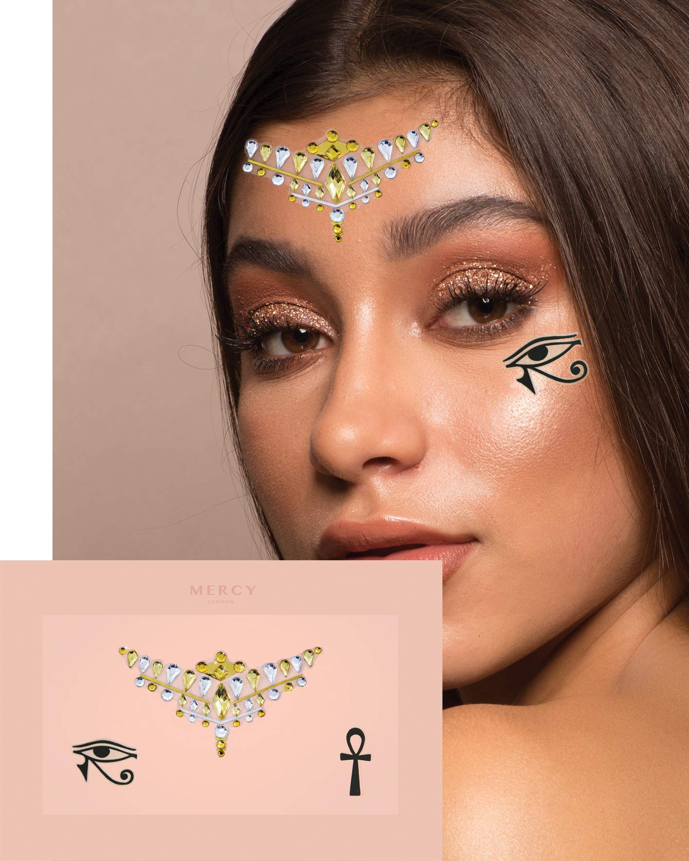 Cleopatra Egyptian Face Jewels - Self-Adhesive Festival Face Gems & Headpiece for Costumes | Perfect for Halloween, Cosplay, Themed Parties and Egyptian Goddess Costume Accessories