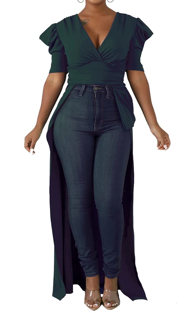 Women's Deep V Neck Puff Sleeve Asymmetrical Wrap Blouse - Peplum Tunic Casual Shirt Dress in Dark Green | Perfect for Office Wear, Date Nights & Special Occasions