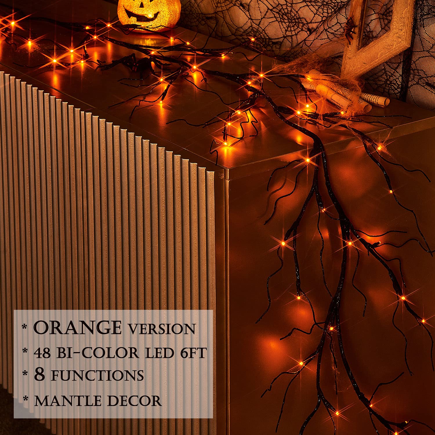 LITBLOOM 6FT Black Glitter Halloween Garland with 48 Orange & Purple LED Lights - 8 Lighting Modes, Battery Operated for Indoor/Outdoor Decor - Perfect for Halloween Parties, Home Decor, and Seasonal Celebrations