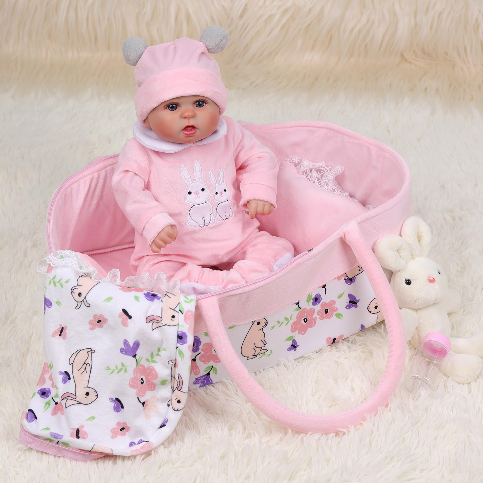 8-Piece Reborn Baby Doll Clothes Set with Bassinet & Bunny Toy - Outfits for 17-22 Inch Newborn Baby Dolls - Perfect for Playtime, Nursery Decor & Gift Giving