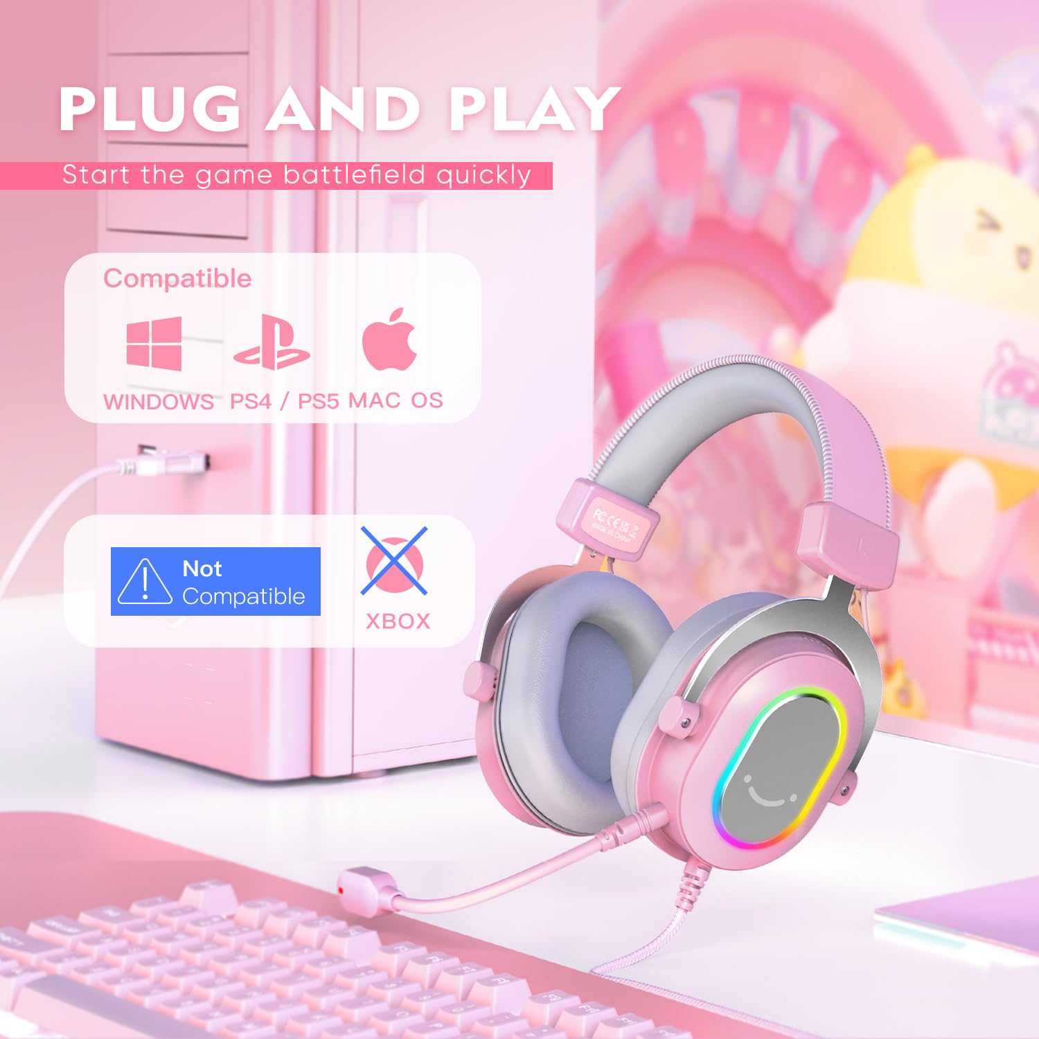 FIFINE PC Gaming Headset with Microphone - USB Wired 7.1 Surround Sound Headphones with RGB Lights & In-Line Controls for PS4/PS5, Streaming, Gaming, Video Calls - Over-Ear Design (Pink) | Perfect for Online Gaming, Live Streaming & Remote Work
