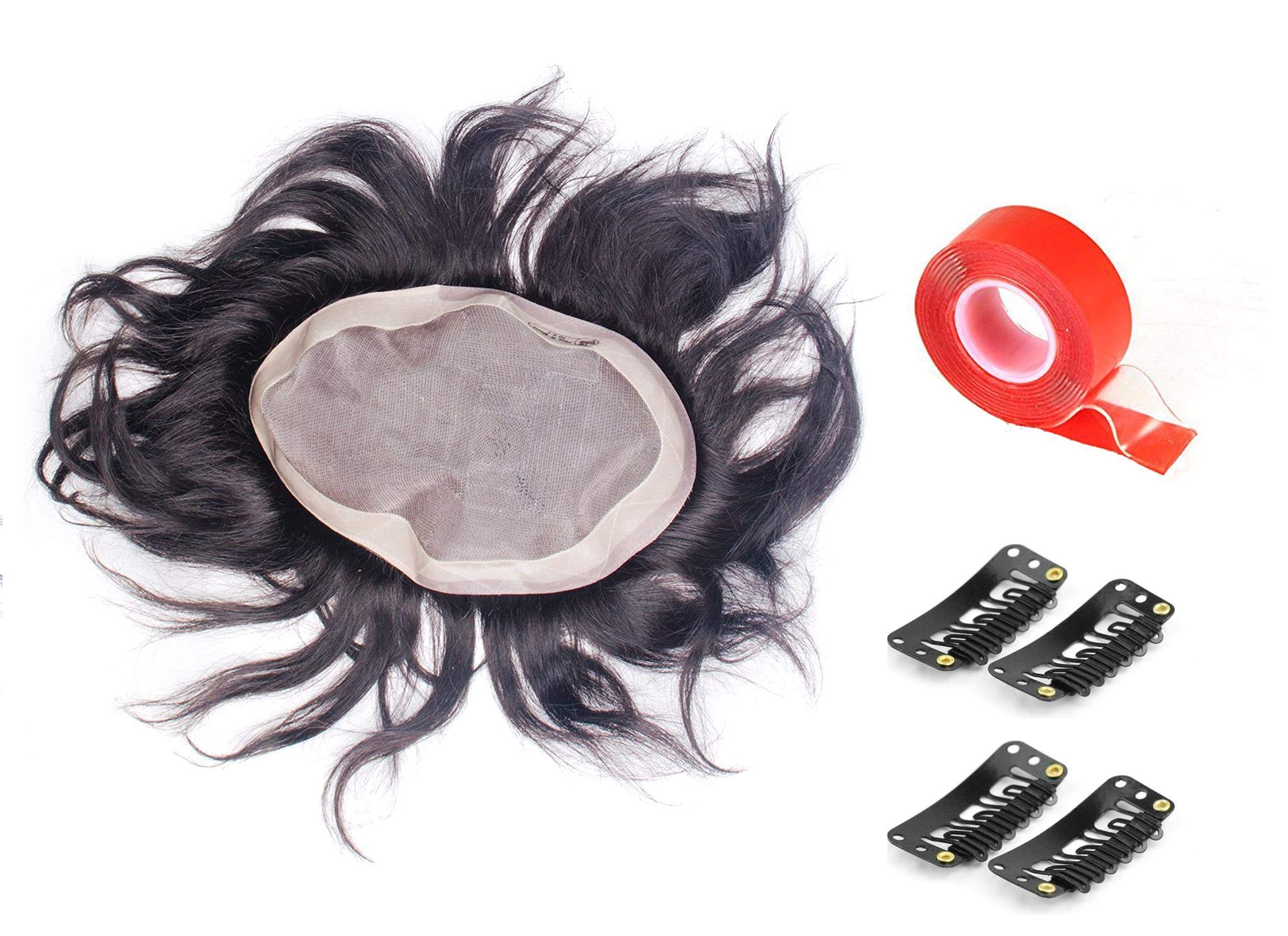 BOXO Men's Human Hair Toupee Wig - 9x6 Inch Natural Black Brown Hair Patch System for Men with Free Red Tape & Wig Clips (100g) | Perfect for Hair Loss, Thinning Hair & Daily Styling