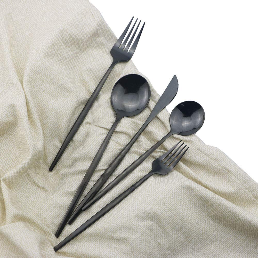 Premium 30-Piece Stainless Steel Flatware Set - Shiny Black Mirror Polished Silverware with Satin Finish | Dishwasher Safe Cutlery Set for Home, Restaurant & Formal Dining | Elegant Tableware for Dinner Parties, Weddings & Everyday Use