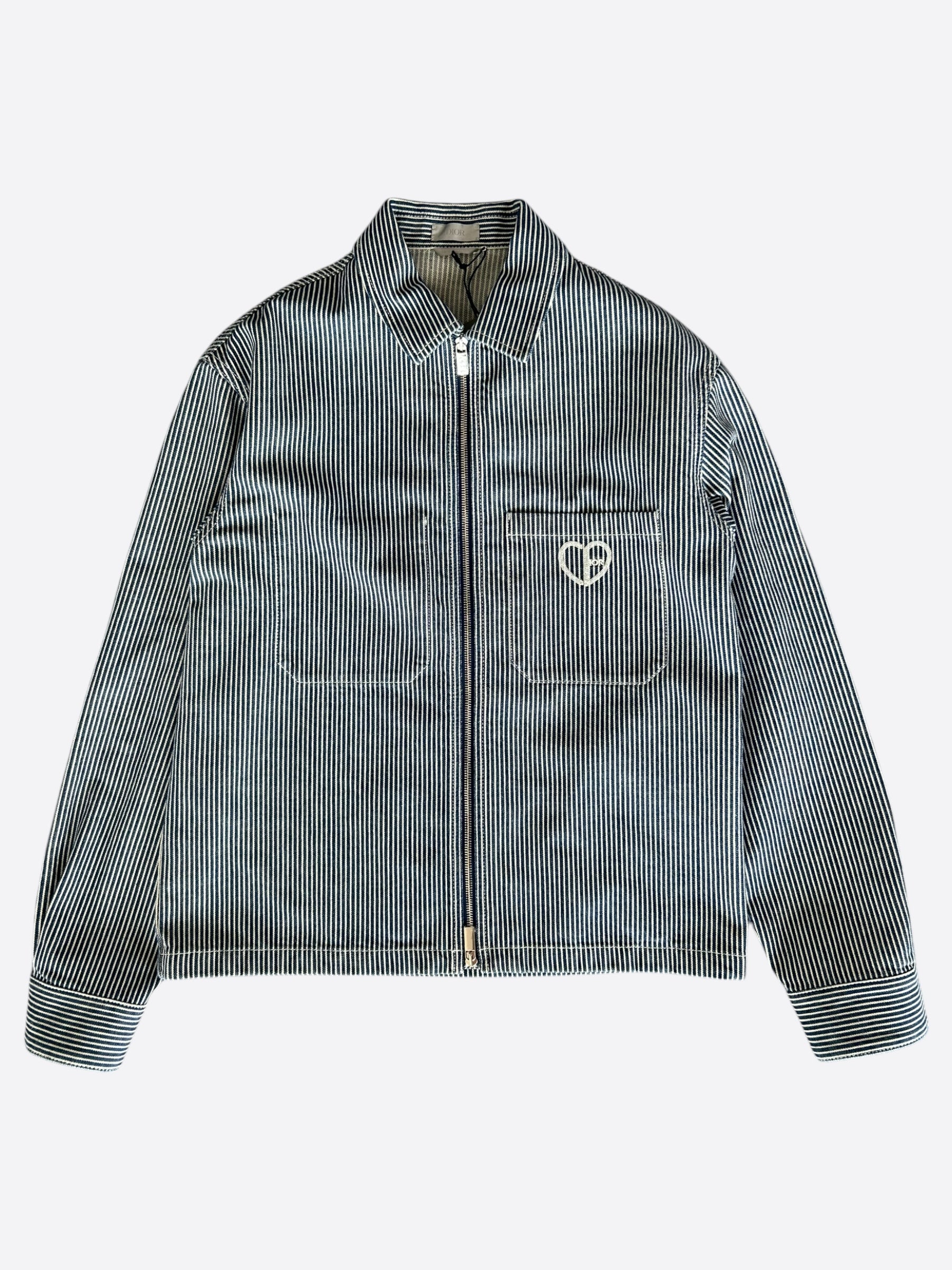 Dior Blue and White Striped Heart Logo Jacket - Stylish Fashion Outerwear for Women | Perfect for Casual Outings, Date Nights, and Special Events