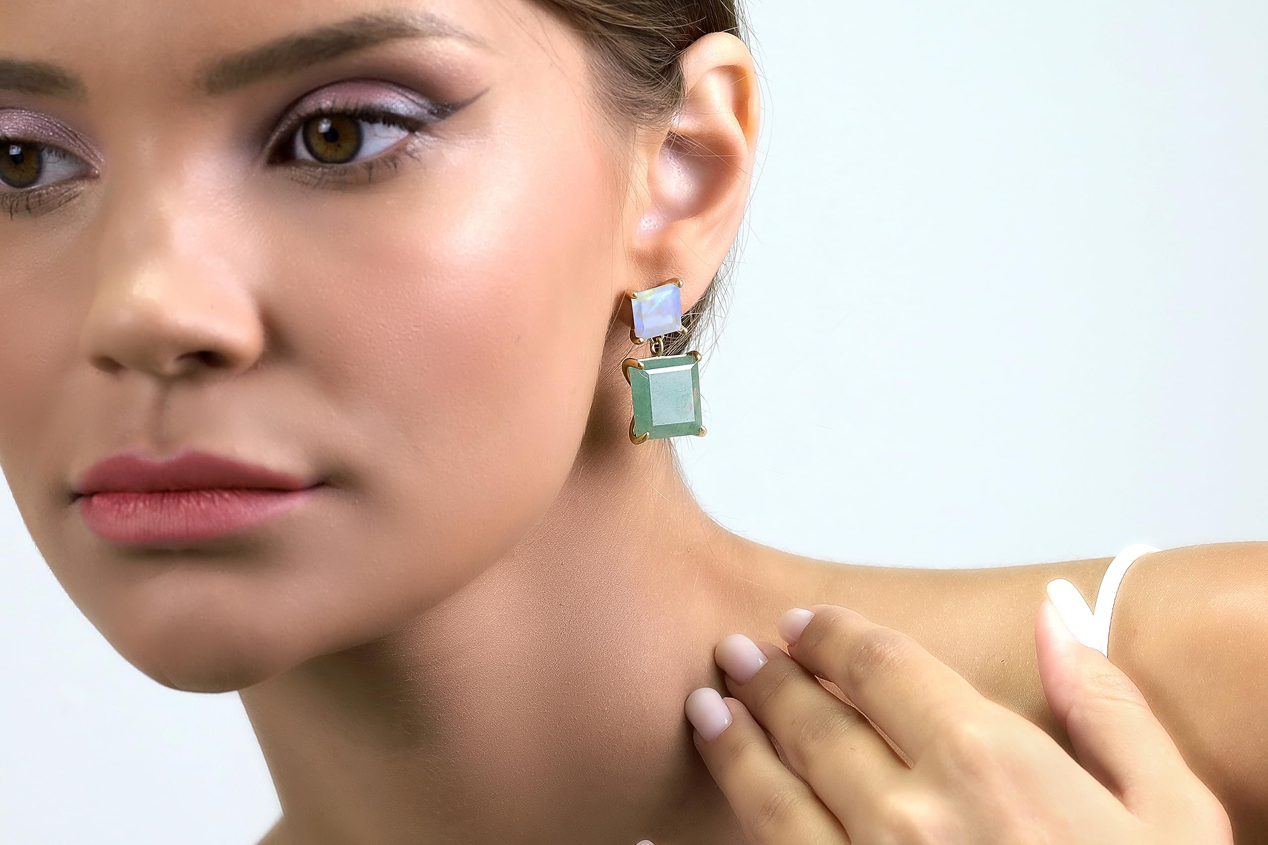 Gold Filled Rainbow Moonstone & Green Aventurine Square Princess Earrings - Prong Dangle Statement Jewelry for Women | Elegant Party, Wedding & Everyday Wear