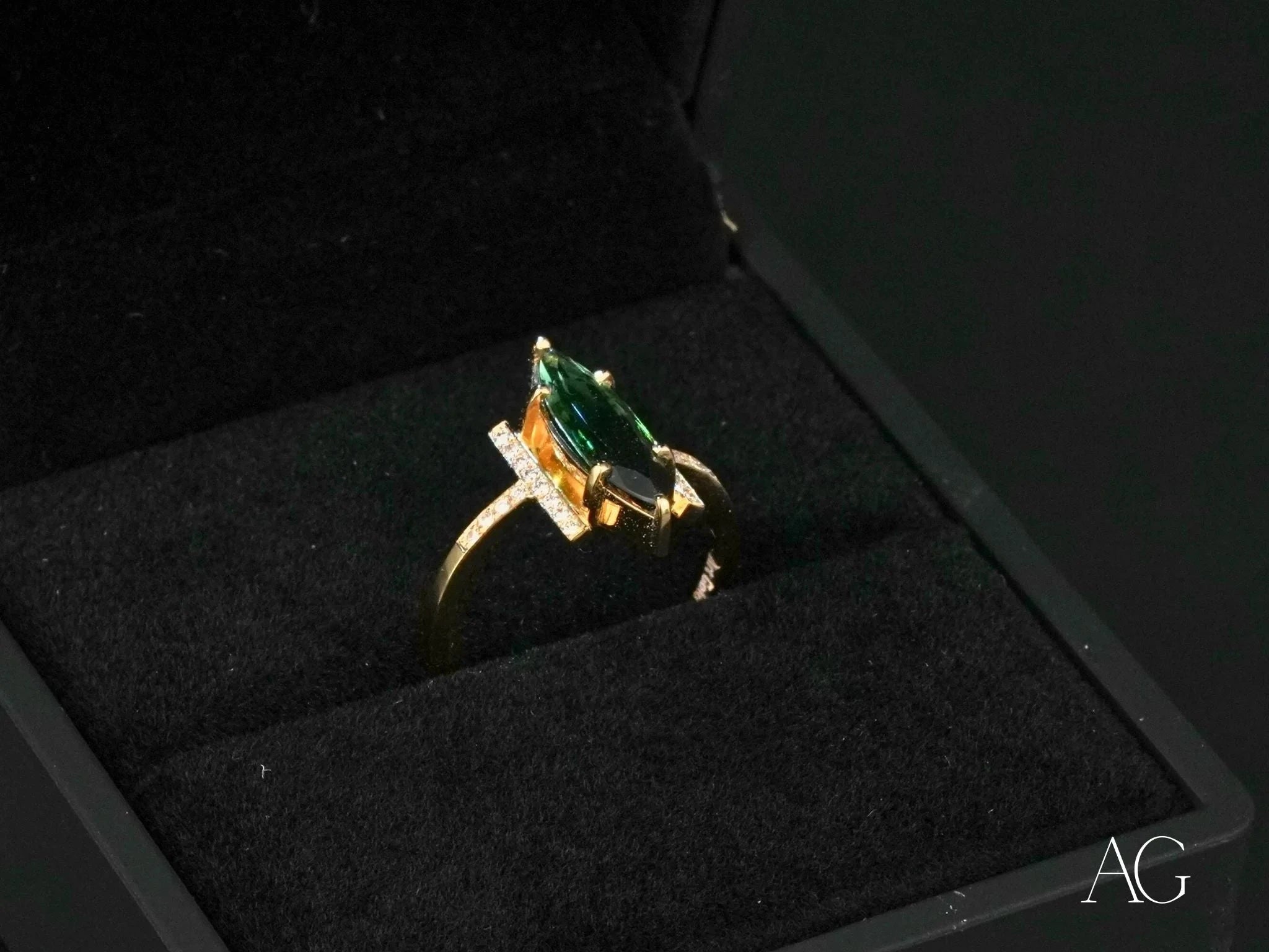Emerald Whisper – 18K Gold Green Tourmaline & Diamond Ring for Women | Luxury Engagement, Wedding, Anniversary Jewelry Gift | Elegant Statement Piece for Special Occasions