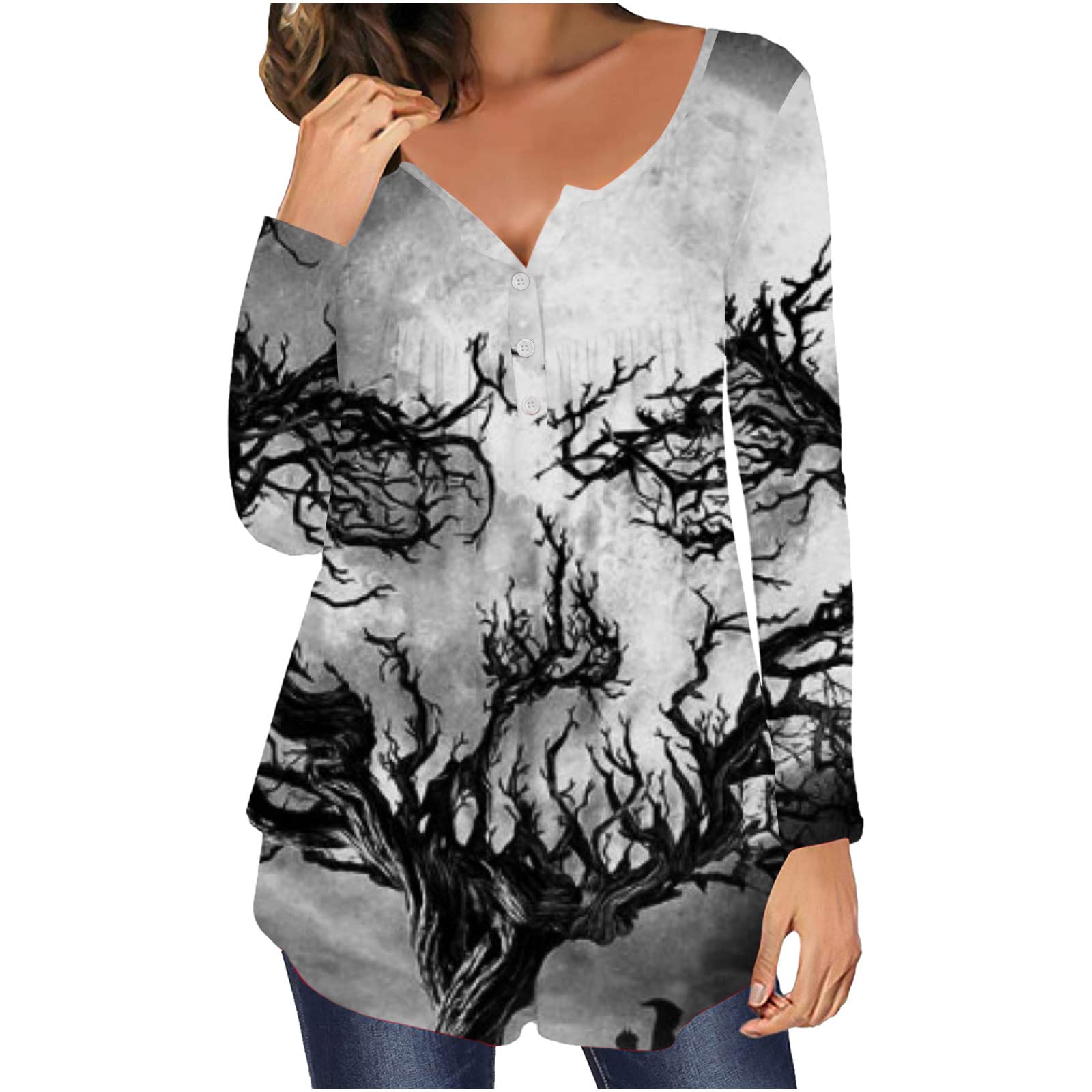 YZHM Women's Henley V-Neck Button-Up Tunic Tops - Flowy Long Sleeve Graphic Tees for Leggings - Casual Outfit for Work, Yoga & Daily Wear