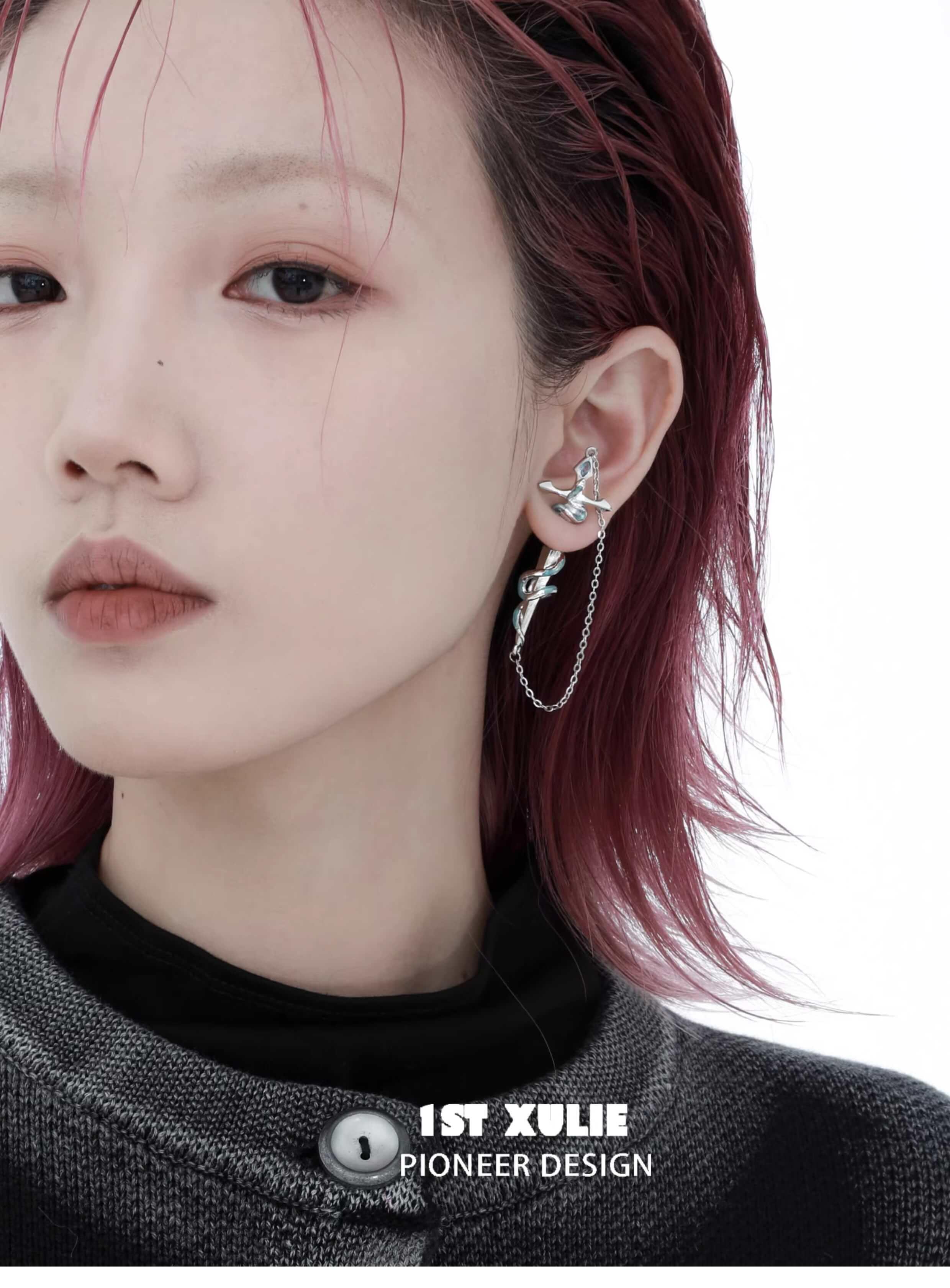 18K Platinum Plated Sword Chain Stud Earrings - Frozen Serpent Girl Gothic Jewelry for Women | Perfect for Cosplay, Halloween Costumes & Punk Fashion Accessories