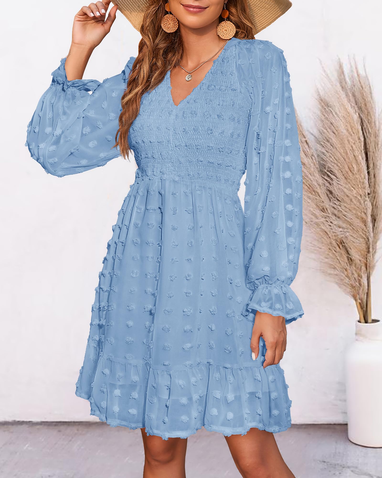 BTFBM Women's Smocked Short Dress - V Neck Long Sleeve Swiss Dot Ruffle Chiffon Flowy Mini Dress for Spring Summer 2025 | Casual Party, Wedding Guest, Date Night Outfit