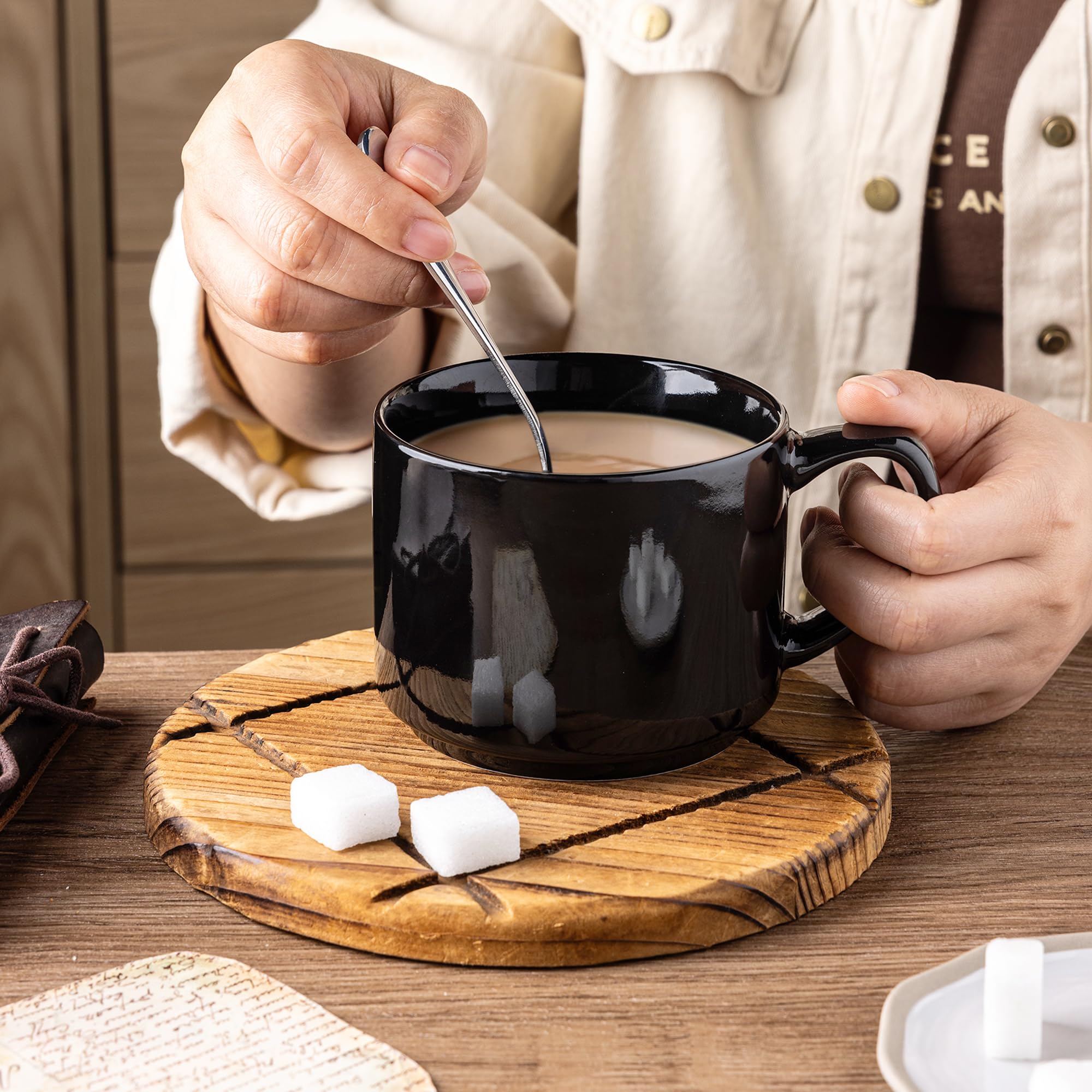 GBHOME 14 OZ Ceramic Coffee Mugs Set of 6 - Stackable Black Coffee Cups for Men & Women - Dishwasher & Microwave Safe Mugs for Latte, Tea, Cappuccino - Perfect for Home, Office, and Restaurant Use