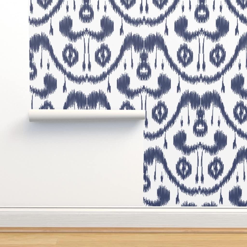 Peel & Stick Wallpaper 12ft x 2ft - Ikat Waves Indigo Print, Navy Blue Vintage Wave Pattern, Removable Self-Adhesive Wallpaper by Spoonflower | Perfect for Bedroom, Living Room, Office & Home Decor