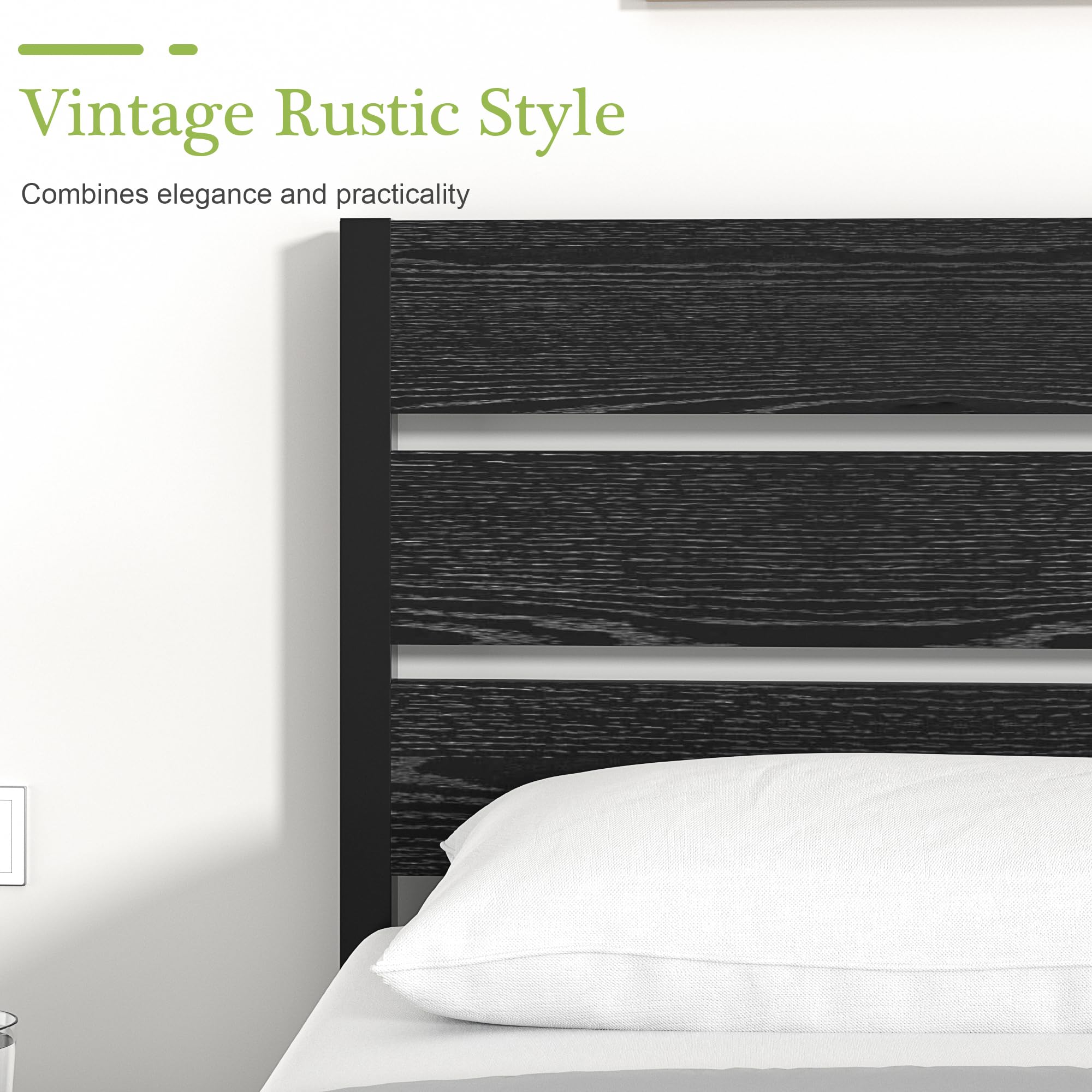 VECELO Queen Size Bed Frame with Wooden Headboard & Footboard - Heavy Duty Metal Platform Frame with Slat Support System, 12 Inch Under Bed Storage Space, No Box Spring Required in Rustic Black Finish | Perfect for Master Bedrooms, Guest Rooms & Small Apartments