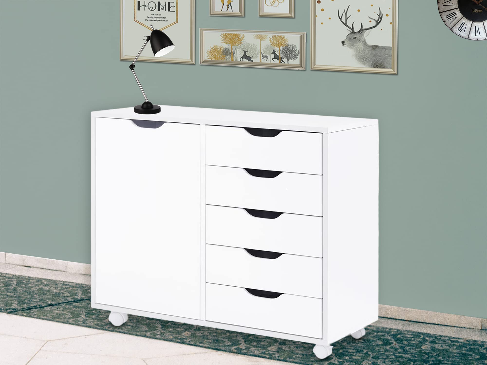 Naomi Home 5-Drawer Tall Dresser with Wheels & Storage Shelves - White, 180 lbs Capacity - Perfect for Bedroom, Closet & Makeup Organization - Modern Space-Saving Storage Solution