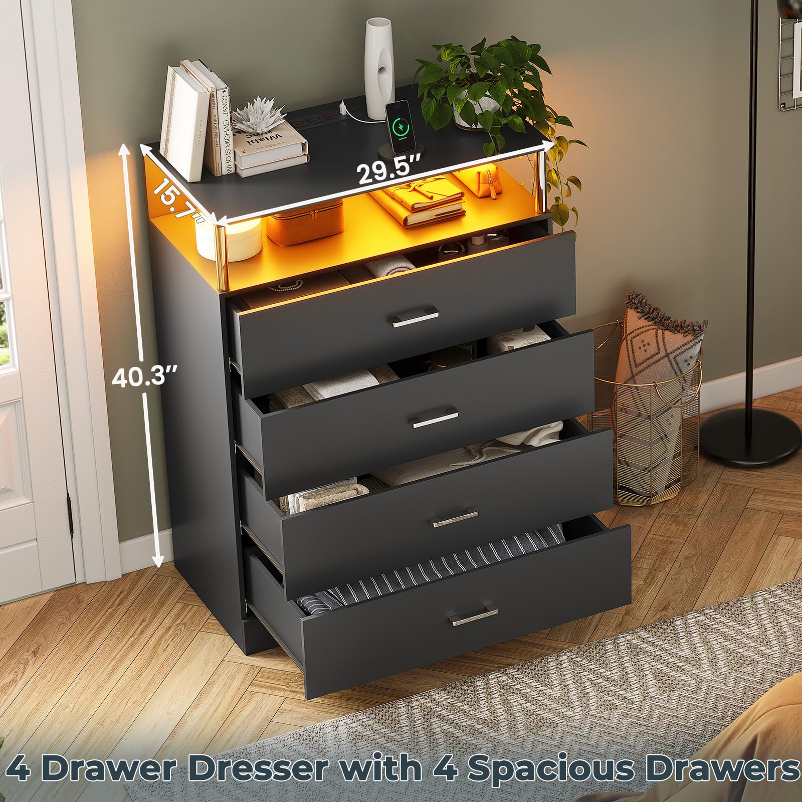 Modern 4-Drawer Tall Black Dresser with Charging Station & Column Design - LED Bedroom Dresser for Closet Organization | Perfect for Small Spaces, Guest Rooms & Master Bedroom Storage