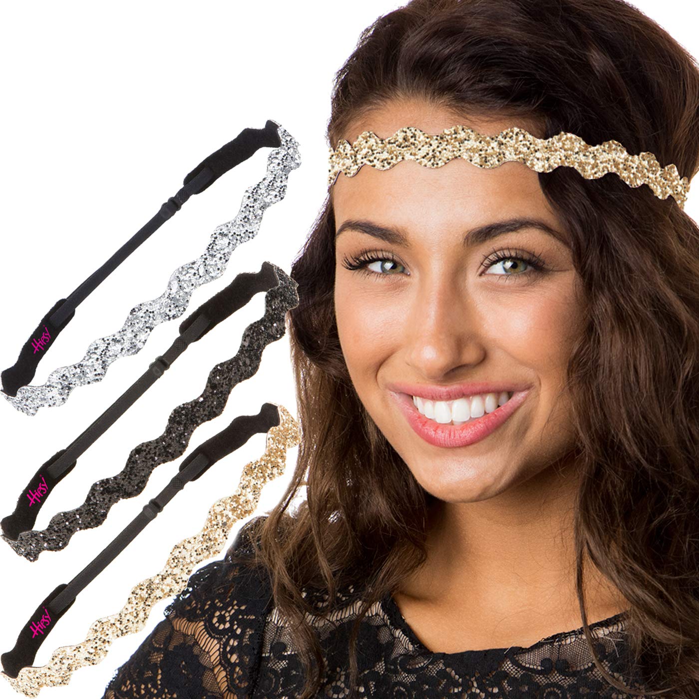 Sparkly Glitter Wave Headbands for Women, Girls & Teens – Adjustable No Slip 3-Pack (Gold/Black/Silver) | Plus Size Fashion Accessories for School, Sports & Everyday Wear