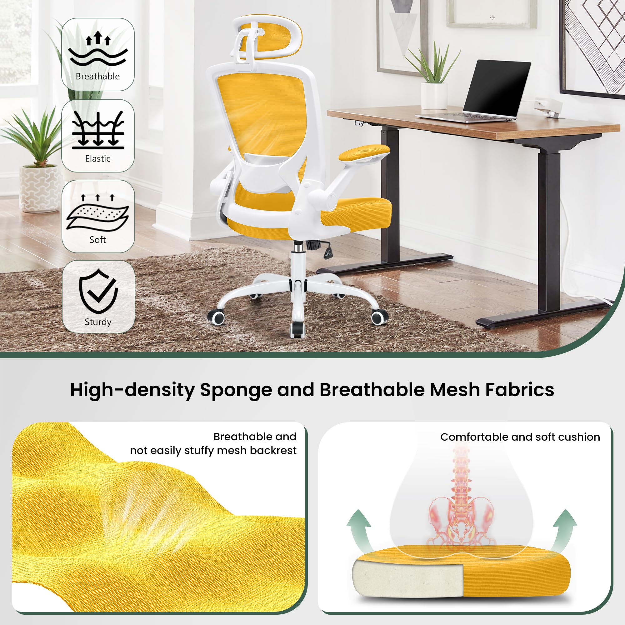 KERDOM Ergonomic Office Chair - Breathable Mesh Desk Chair with Lumbar Support, Adjustable Headrest & Flip-Up Arms - Swivel Task Chair & Height-Adjustable Gaming Chair in Yellow - Perfect for Home Office, Gaming Setup & Workspaces