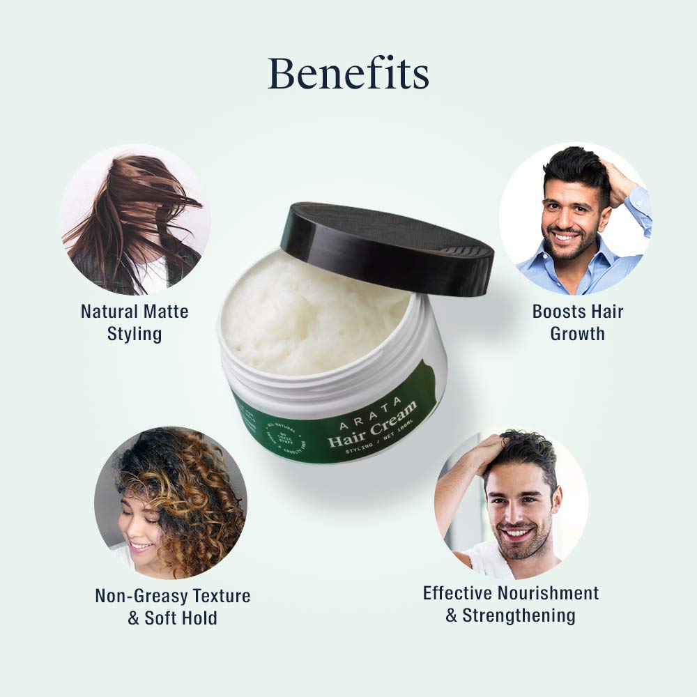 Arata Natural Styling & Hold Hair Cream with Organic Flaxseed & Olive Oil - All-Natural, Vegan & Cruelty-Free Hair Styling & Growth Formula for Women & Men (100g) - Perfect for Daily Styling, Frizz Control & Healthy Hair Care