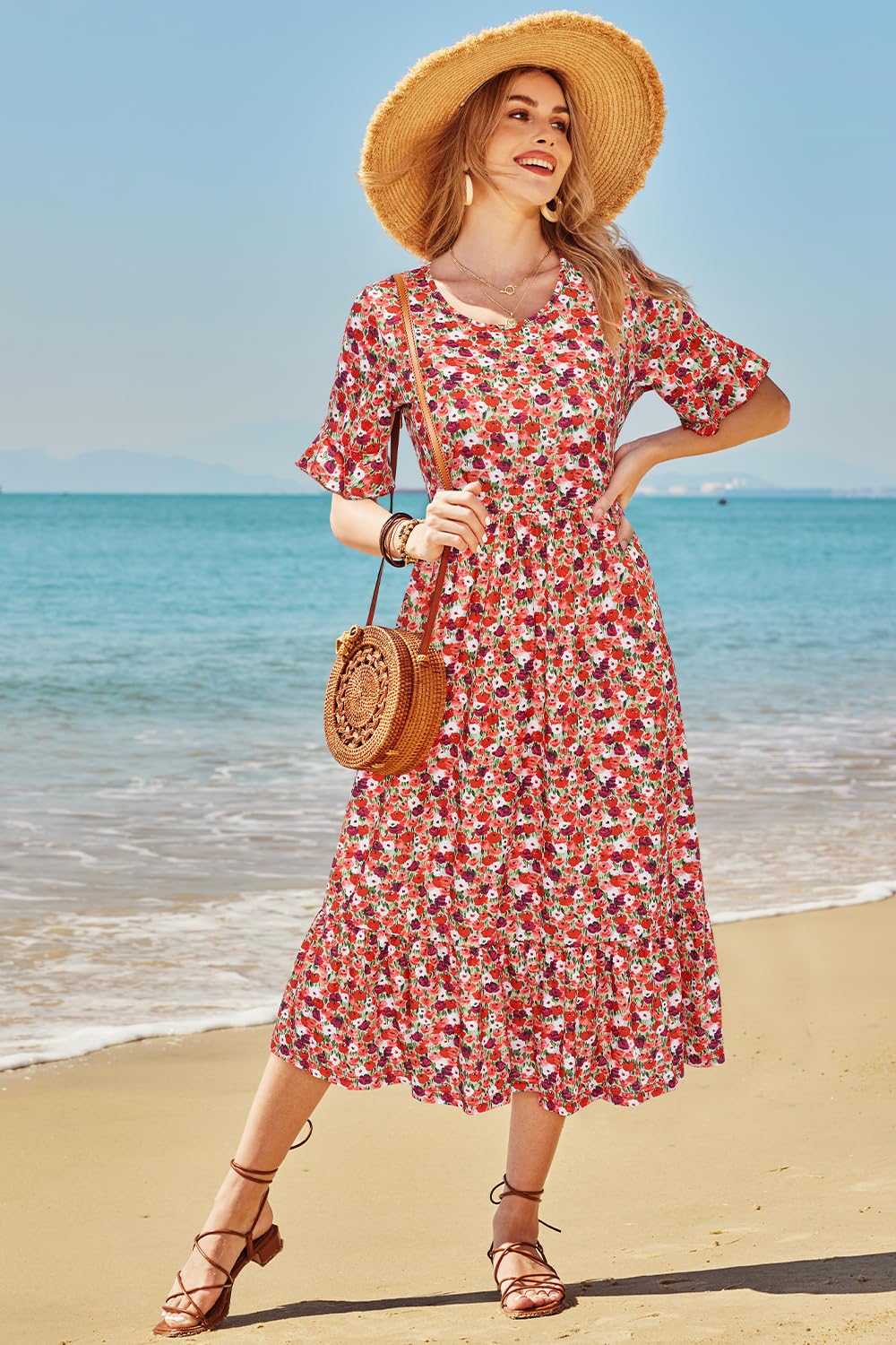 STYLEWORD Women's Summer 2025 Casual Short Sleeve Tiered Flowy Spring Dress - Long Midi Beach Sundress for Vacation, Party, and Outdoor Activities