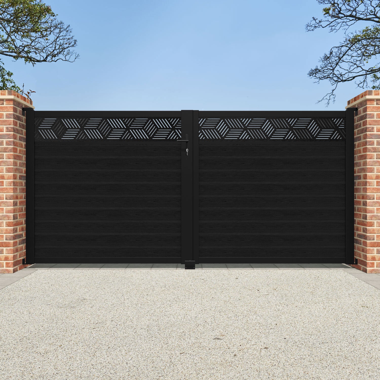 Classic Cubed Straight Top Driveway Gate - Black Powder Coated Steel with Decorative Top Screen | Durable Driveway Entrance Solution for Homes & Commercial Properties
