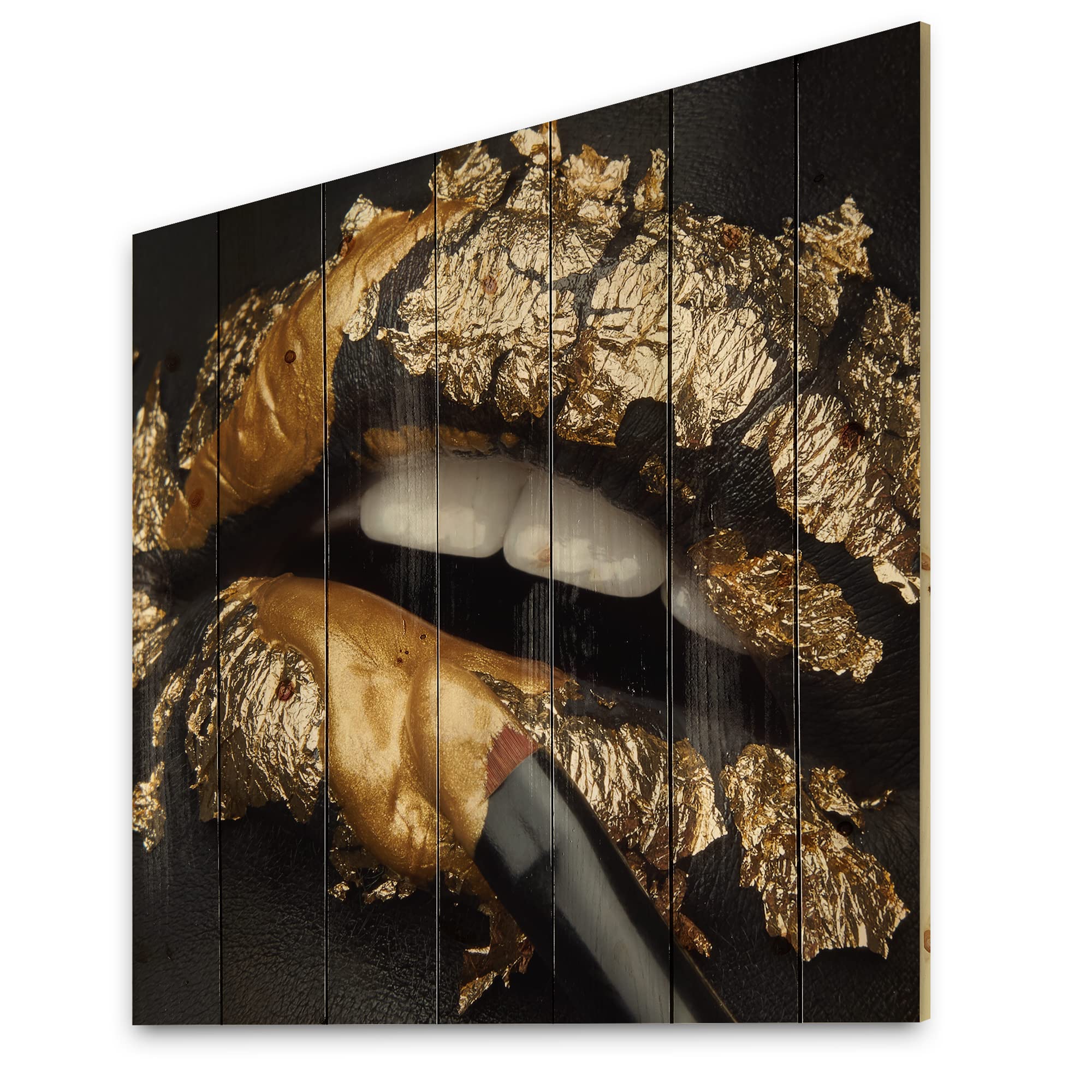 DesignQ Modern Gold Foil & Black Leather Lips Wood Wall Art - Contemporary Large Pine Wood Wall Decor for Living Room, Bedroom & Office