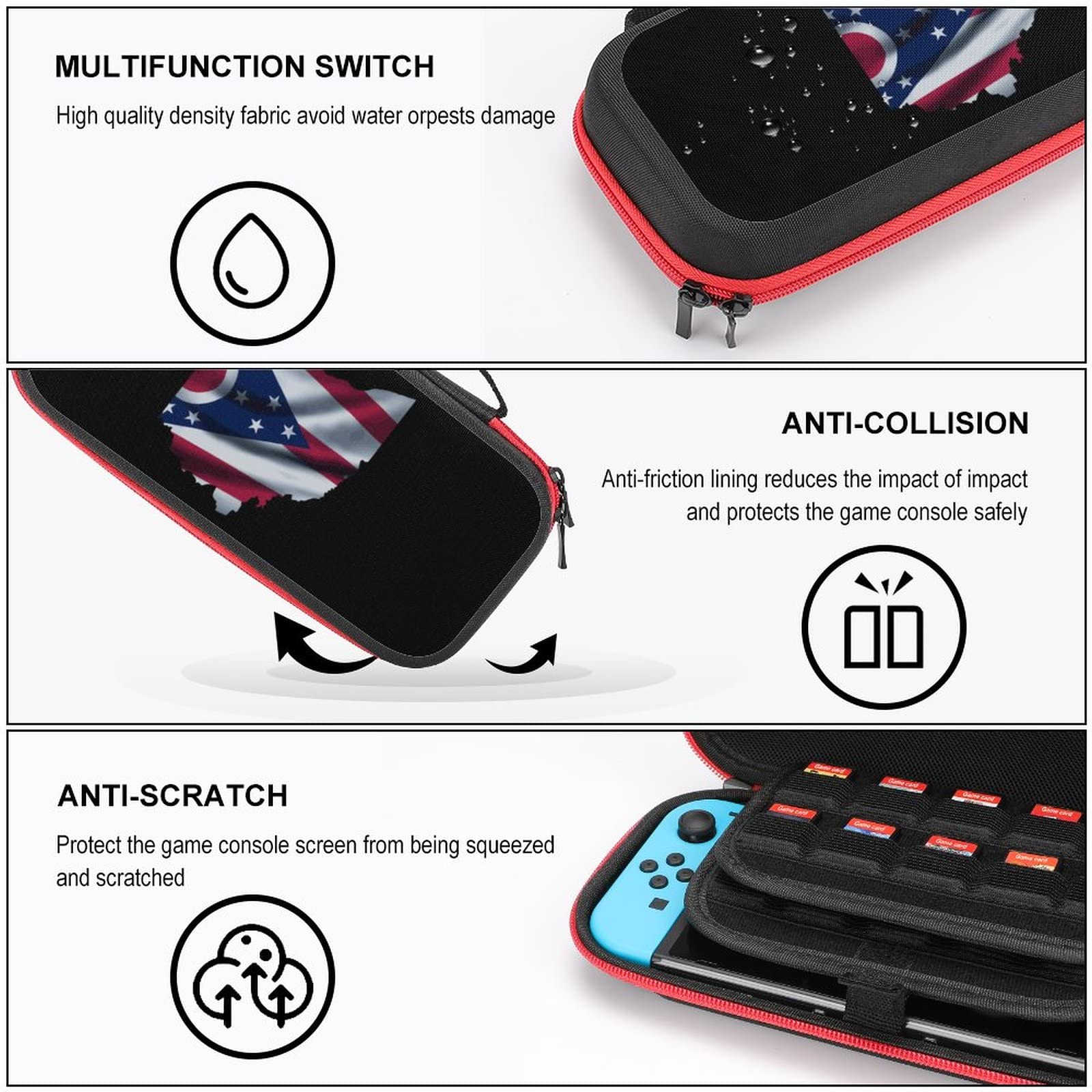 Ohio State Flag Waving Design Nintendo Switch Carrying Case - Portable Travel Cover with 20 Game Card Slots - Perfect for Gaming on the Go & Travel Accessories