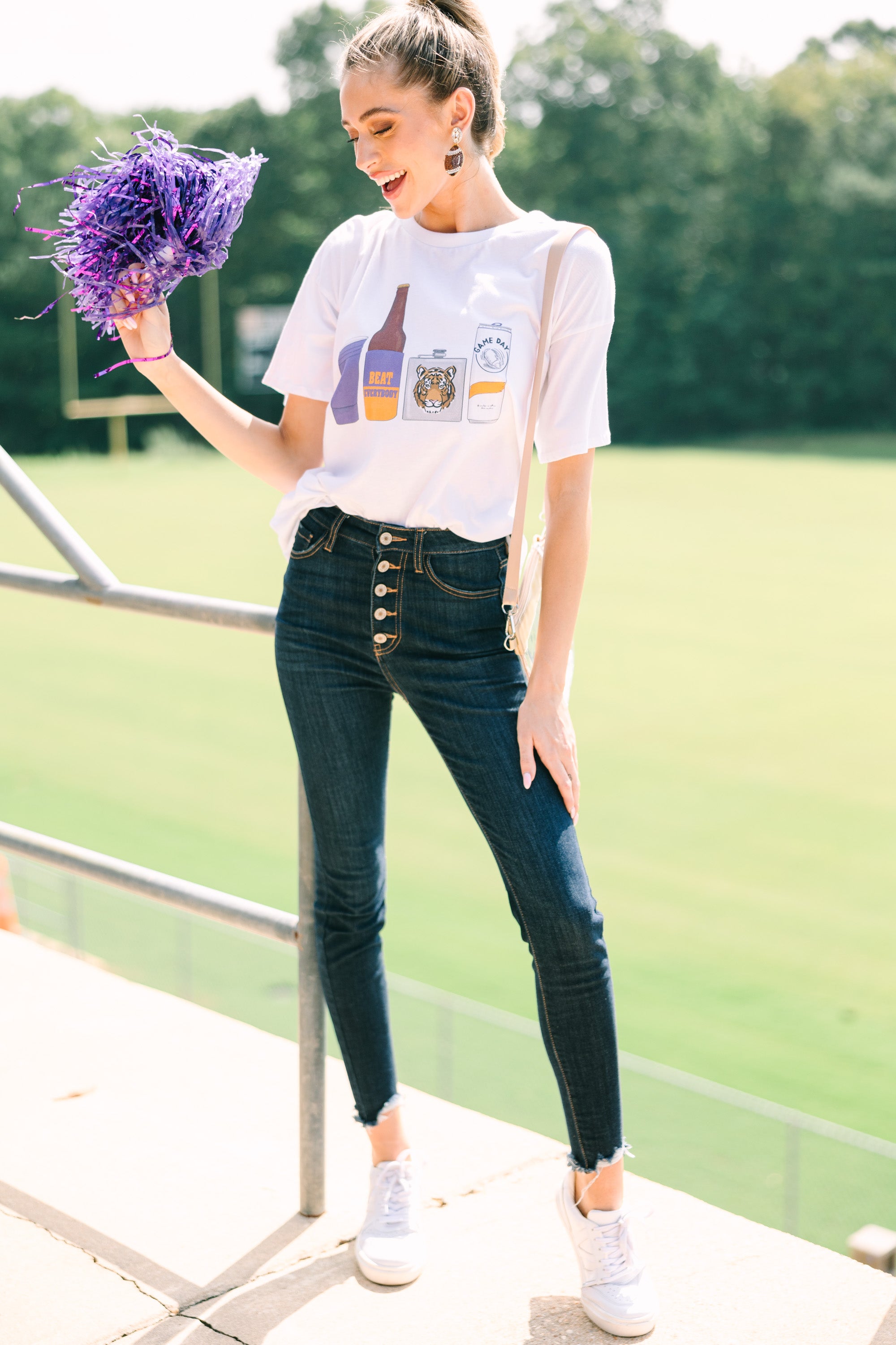 Drink Local Orange And Purple Gameday Graphic Tee - Vintage Style College Sports Fan T-Shirt for Football Tailgating & Game Day Parties