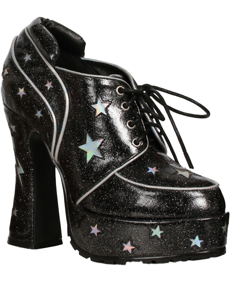 70s Retro Black Stardust Chunky Heel Platform Shoes for Women - Vintage Party & Disco Dance Shoes for Night Out & 70s Theme Events