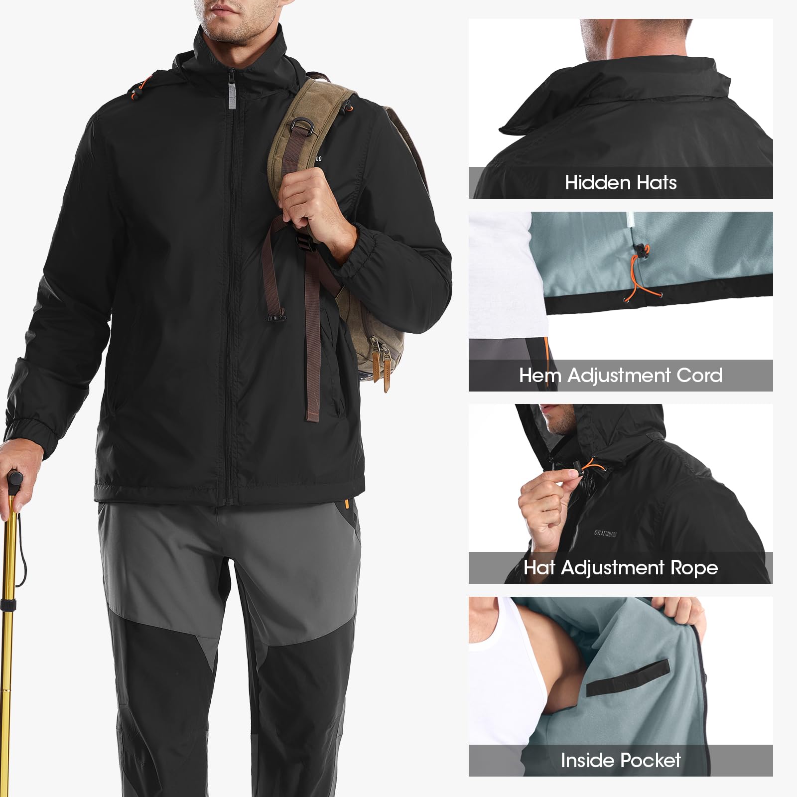 Men's Waterproof Jacket - Lightweight Windbreaker for Hiking & Travel
