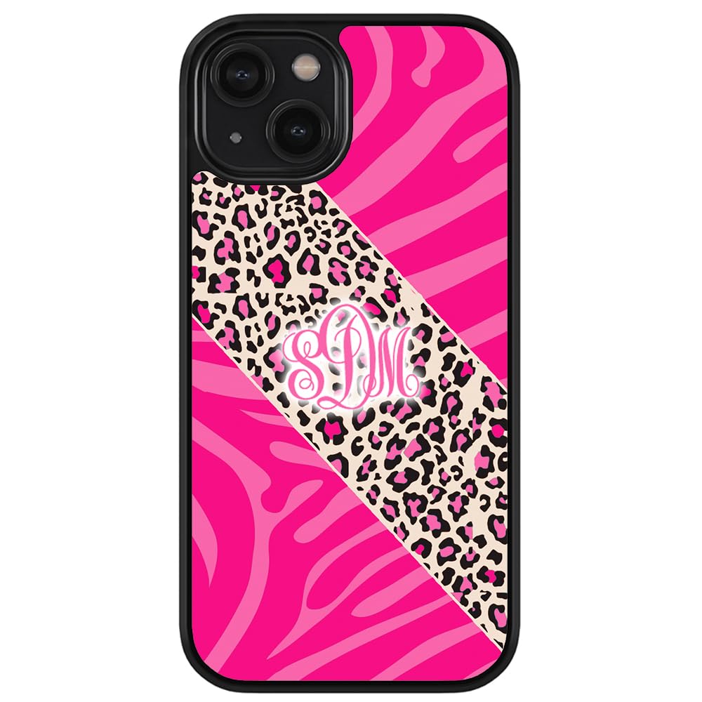 Pink Monogram Leopard Zebra Print Black Rubber Phone Case for iPhone 16 Pro Max/15 Pro Max/14 Pro Max/13 Pro Max/12 Pro Max/11/X/8/7 Plus - Stylish Protective Cover for Everyday Use & Fashion Accessory