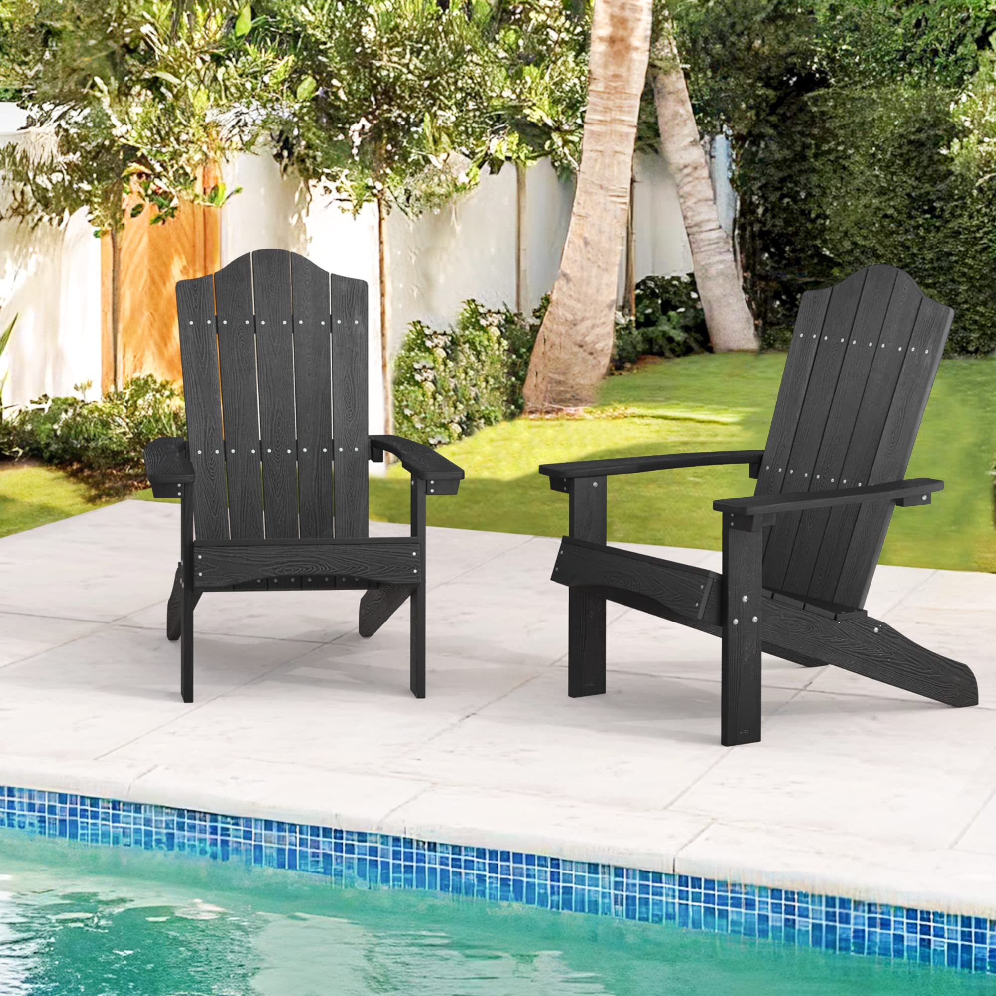 LUE BONA 2-Piece Black Poly Adirondack Chair Set - Modern Weather-Resistant Plastic Outdoor Chairs for Patio, Porch, Deck, Pool & Garden - Perfect for Backyard Relaxation, Campfires and Outdoor Gatherings