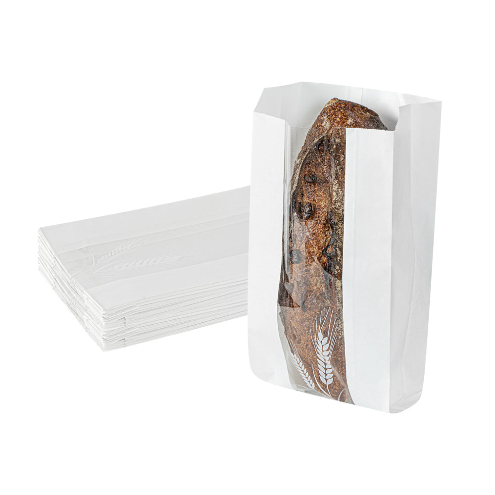 White Paper Bread Bags - Micro Perforated & Greaseproof with Wheat Pattern (5.75