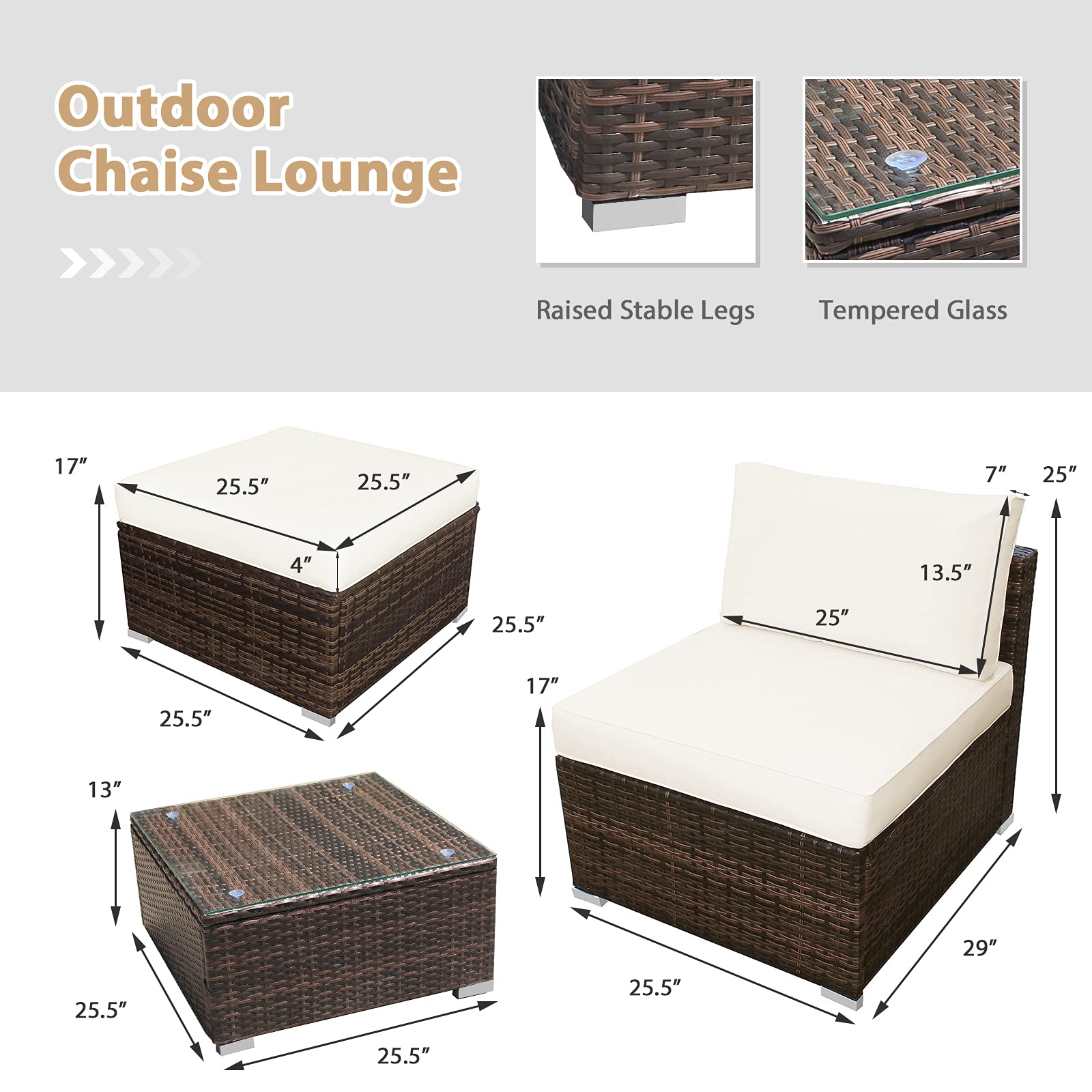 Tangkula 5-Piece Wicker Patio Furniture Set with Tempered Glass Coffee Table - Outdoor Conversation Set Includes 2 Armless Sofas, 2 Ottomans & Side Table - Washable Zippered Cushions for Porch, Garden or Poolside Relaxation