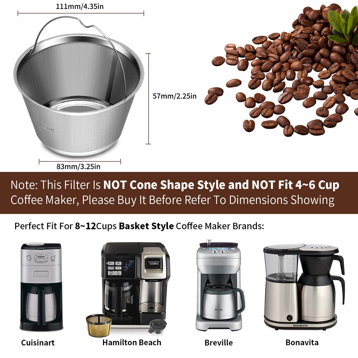 8-12 Cup Reusable Permanent Coffee Filter Basket - Fits Mr Coffee, Black & Decker, BUNN, Cuisinart & Hamilton Beach Drip Coffee Makers - Eco-Friendly Stainless Steel Mesh for Home, Office or Camping Use