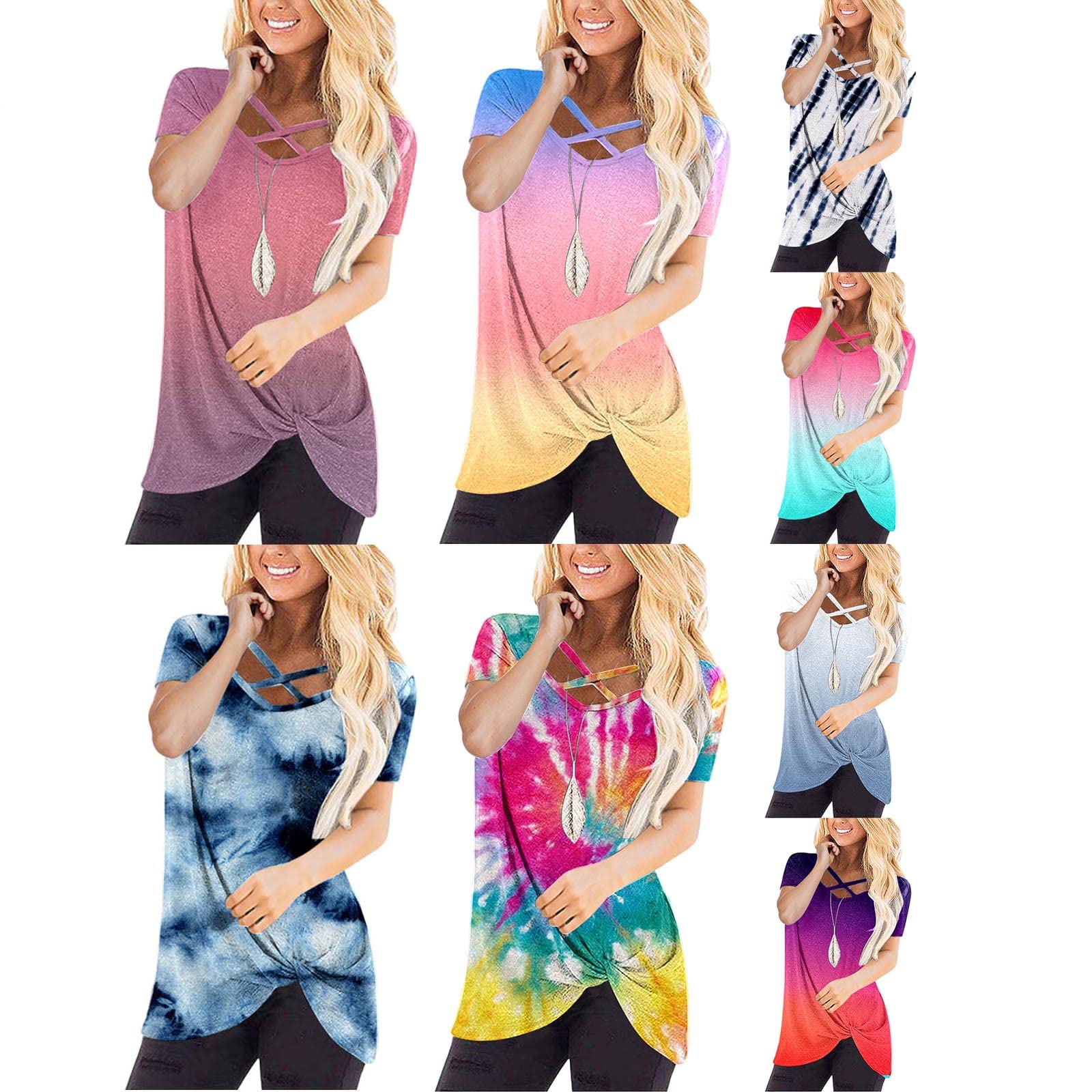 Women's Casual Summer Tunic Top - Cross Strap V-Neck Blouse with Gradient Print - Perfect for Beach Outings, Vacation Wear & Everyday Comfort