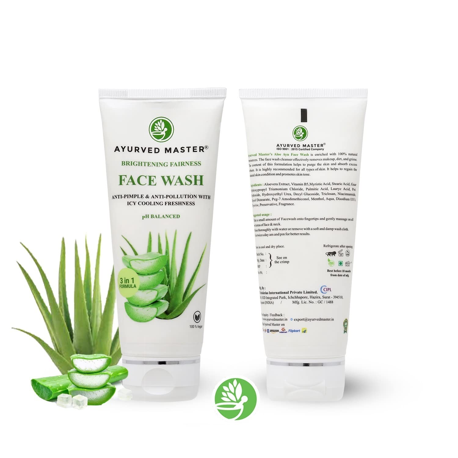 Ayurved Master Natural Aloe Vera Face Wash for Acne Control - Brightening & Even Skin Tone with Icy Cooling Freshness | AM Skin Care (150ml) | Daily Cleansing for Clear, Glowing Skin | Perfect for Morning & Night Routine