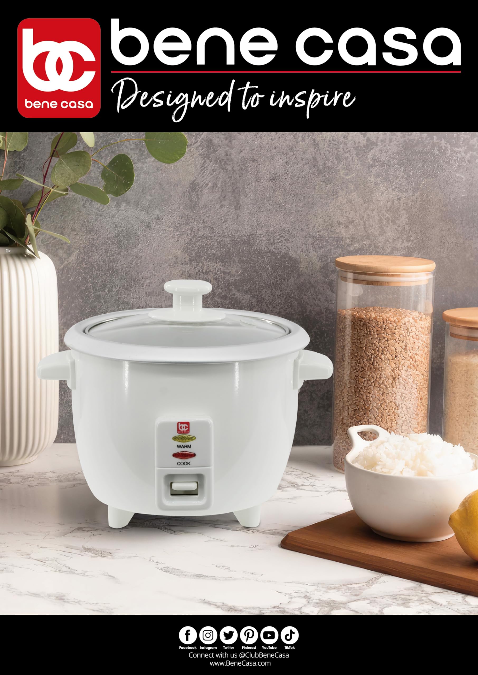 Bene Casa 12-Cup Rice Cooker with Glass Lid - Nonstick Aluminum Inner Pot & 12-Hour Keep Warm - Perfect for Family Meals, Meal Prep, and Dorm Cooking (6 Cups Uncooked Rice Capacity)