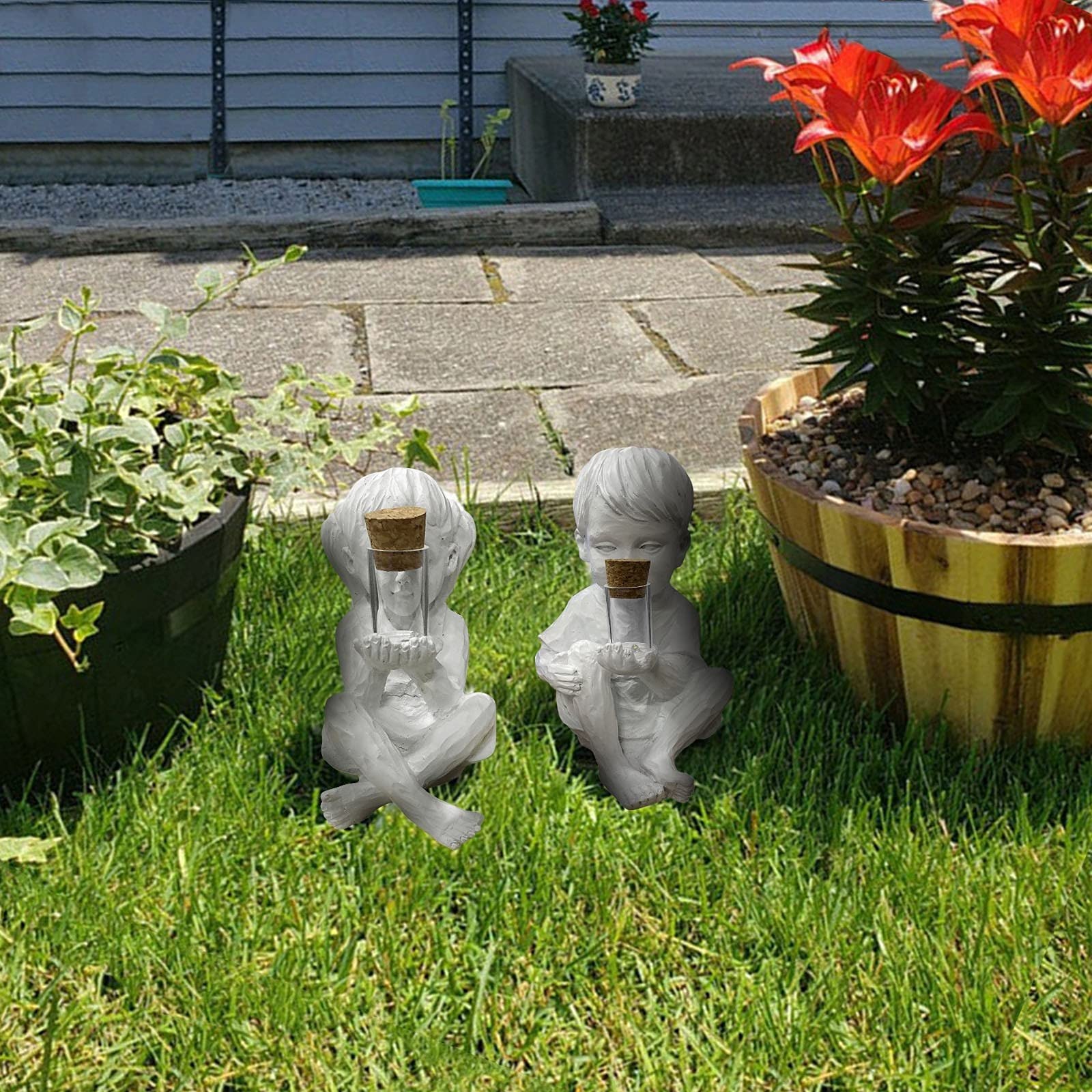 LILOVE Solar-Powered Firefly Garden Statue - 2 Pack Outdoor Decor, Cute Kid Sculpture for Lawn, Patio & Yard - Perfect for Garden, Home & Landscape Decoration at Night