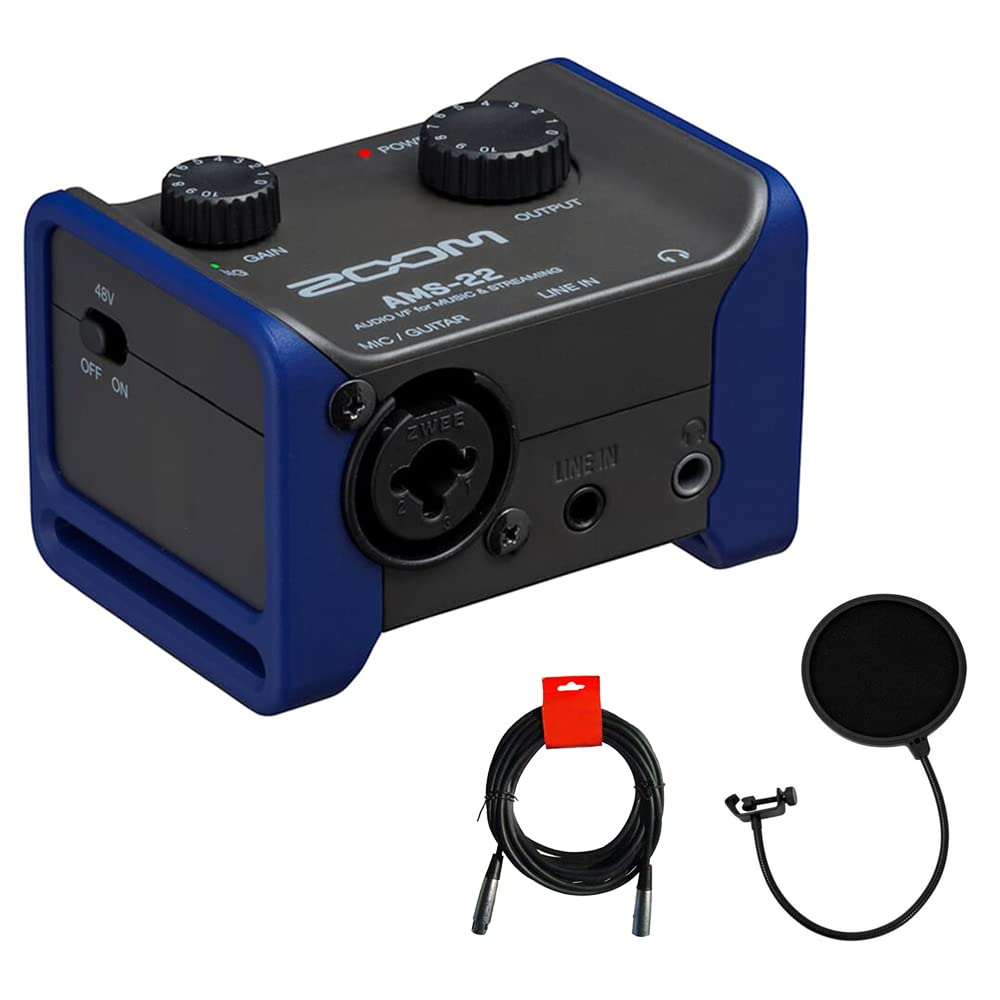Zoom AMS-22 2x2 USB Audio Interface Bundle with Kellopy Pop Filter & 20-Foot XLR Cable - Professional Studio Recording for Podcasting, Streaming & Music Production