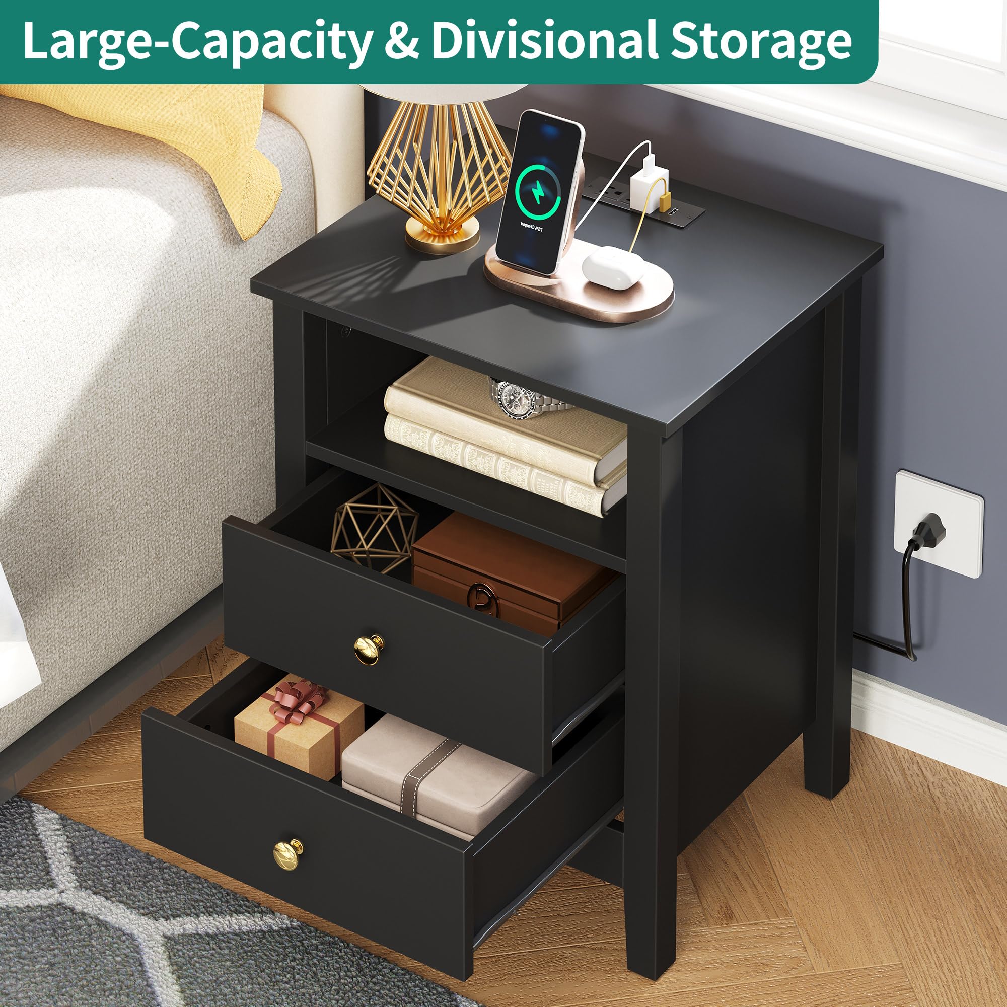 YITAHOME Modern Nightstand with Charging Station - 2 Drawer Bedside Table with USB Ports & Outlets - Set of 2 Black End Tables for Bedroom - Perfect for Small Spaces & Apartment Living
