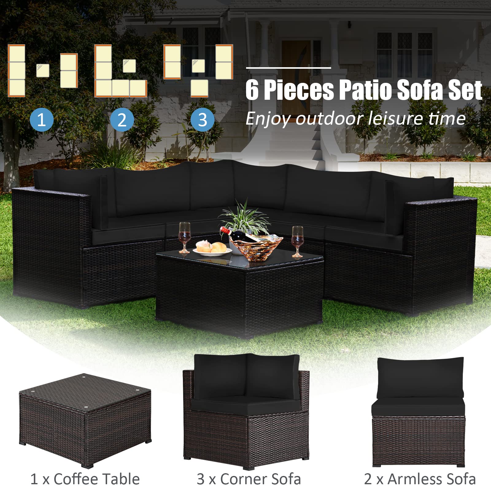 Tangkula 6-Piece Outdoor Patio Furniture Set - All-Weather Wicker Rattan Sectional Sofa with Tempered Glass Coffee Table & Cushions - Perfect for Backyard, Garden, Balcony, Poolside Relaxation (Black) | Ideal for Outdoor Entertaining, Lounging, and Family Gatherings